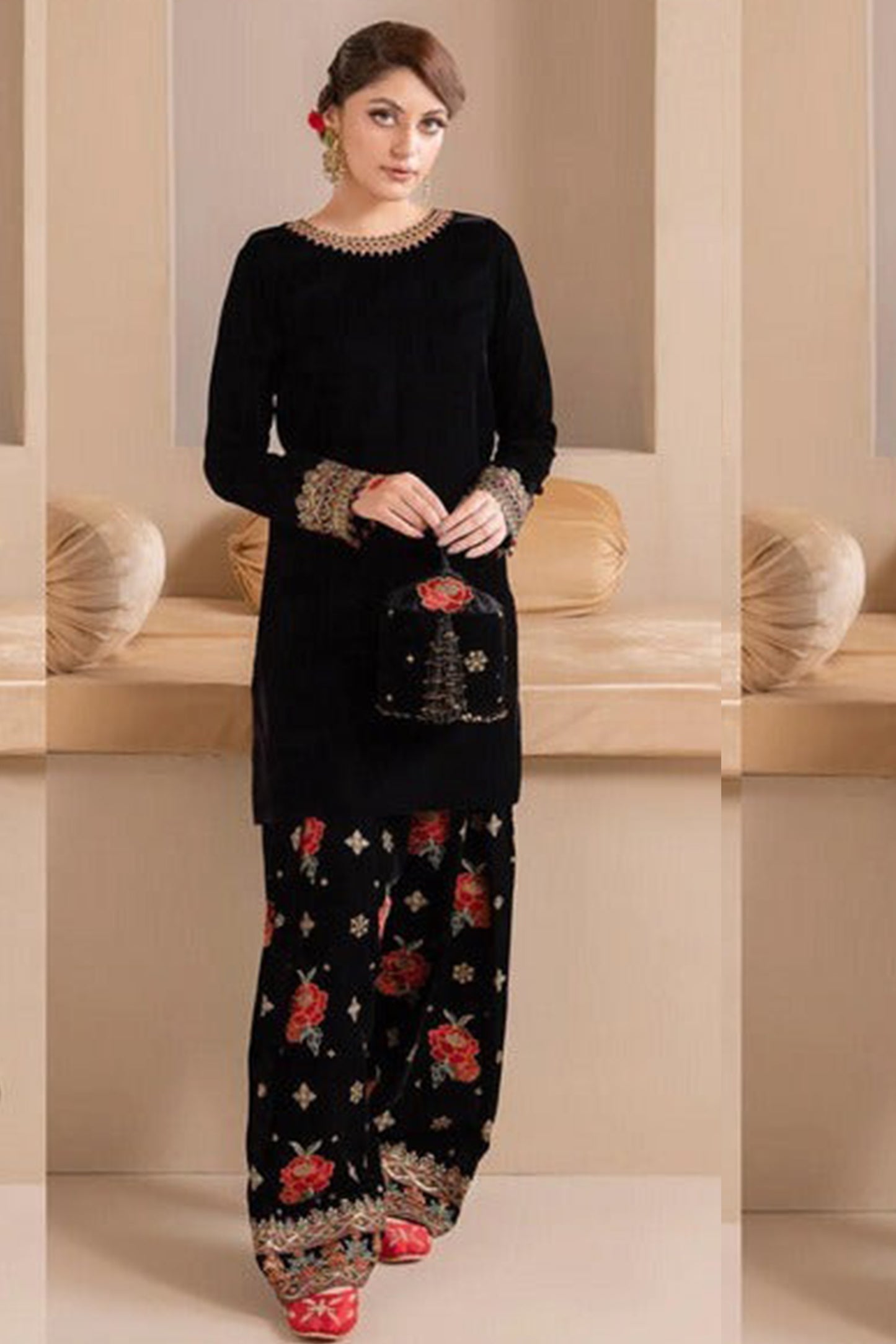 QN577 Embroidered Winter Velvet Dress With Organza embroidered Dupatta