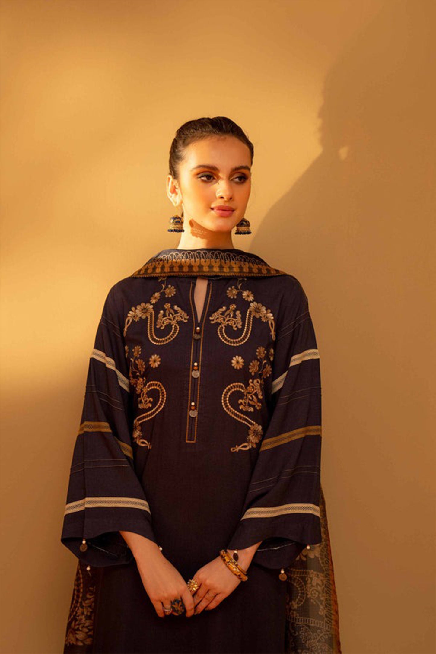 QN824-WINTER 3PC Dhannak Embroidered suit with Printed Shawll