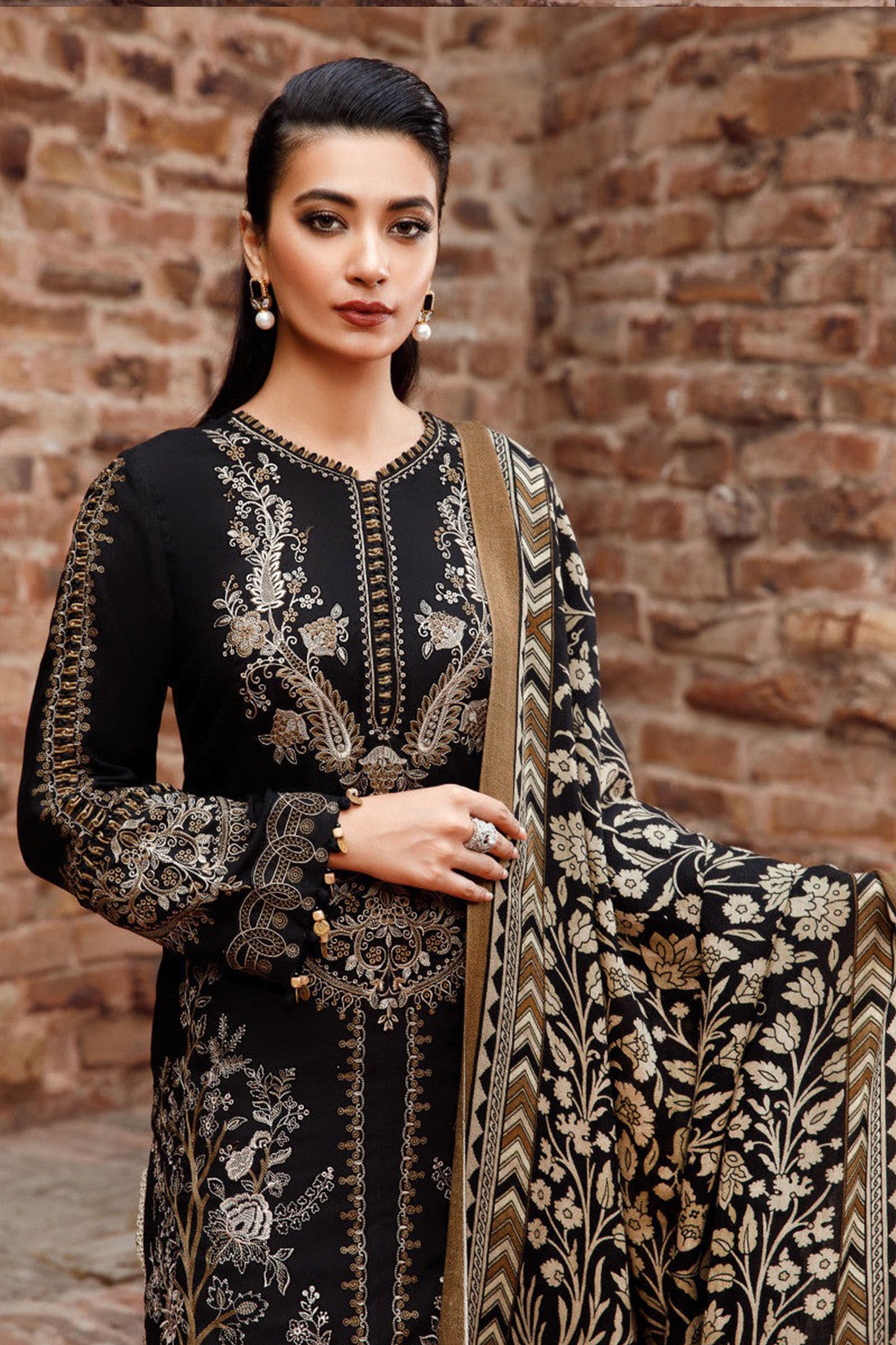 QN877-WINTER 3PC Dhanak Embroidered suit with Printed Shawll