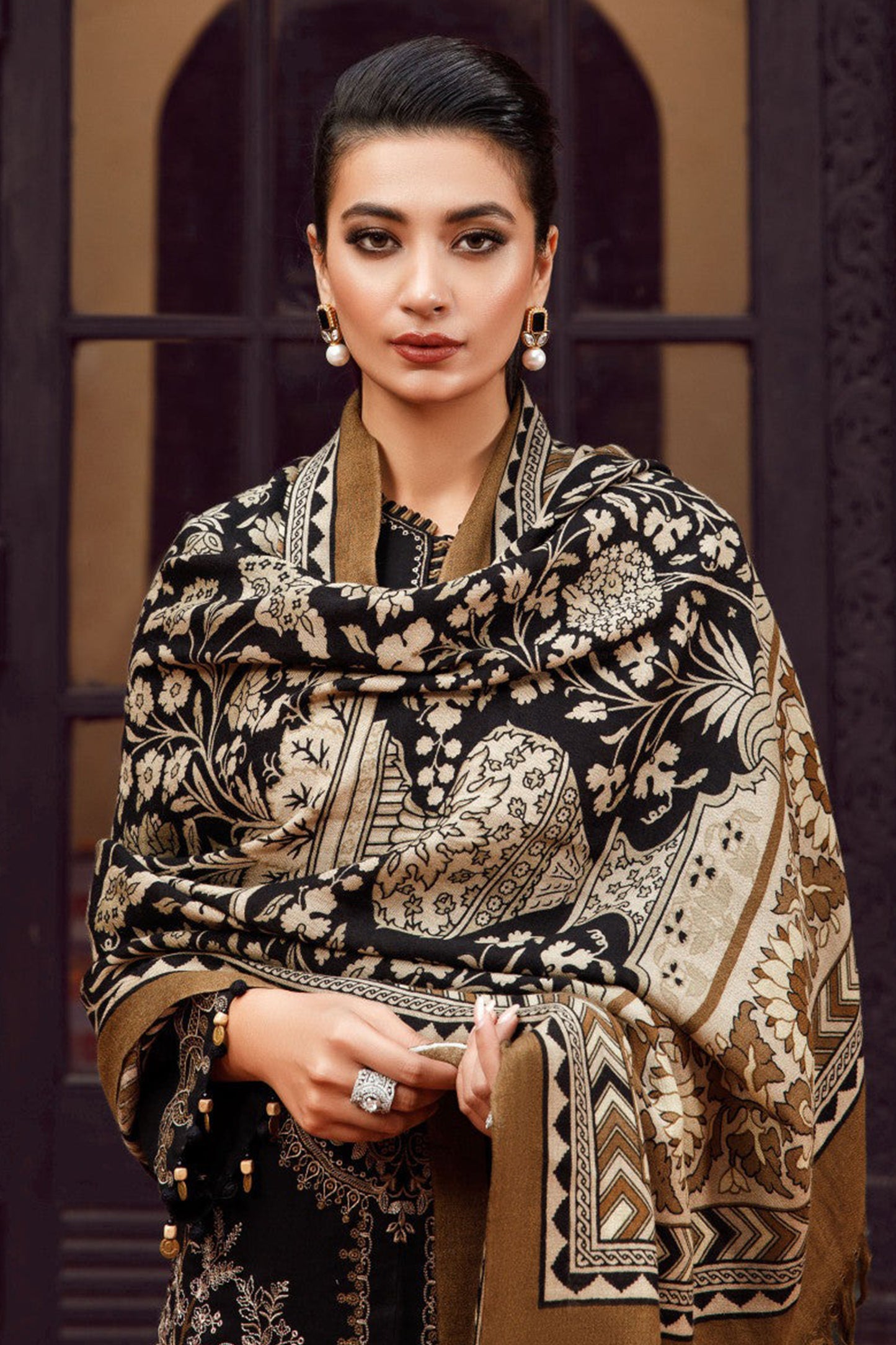 QN877-WINTER 3PC Dhanak Embroidered suit with Printed Shawll