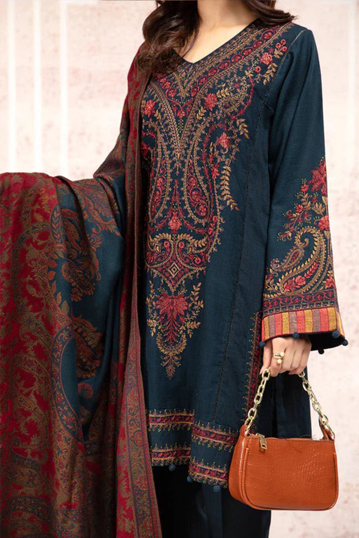 QN582-WINTER 3PC Khaddar Embroidered Suit with Printed Wool Shawll