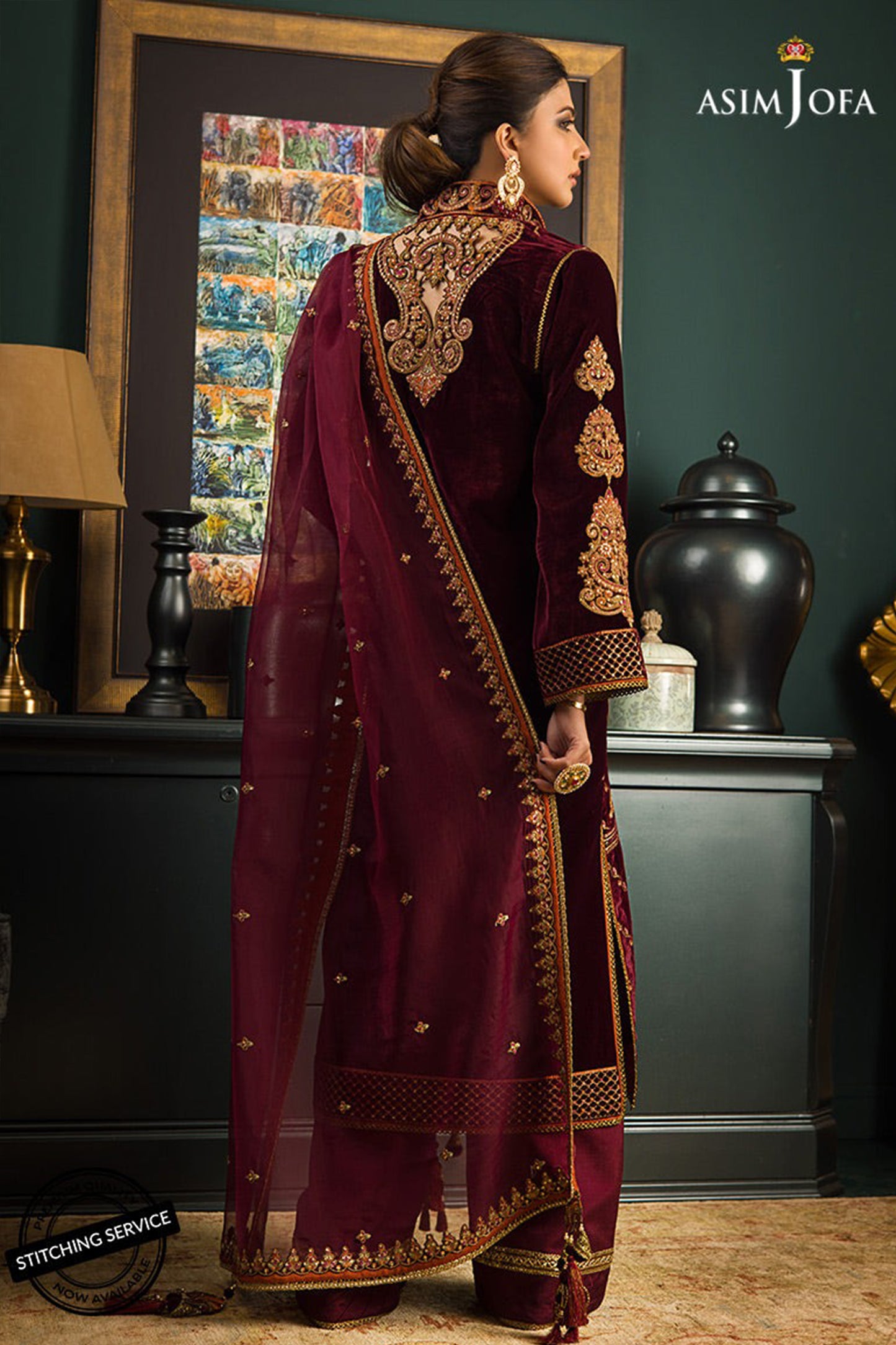 QN1113Winter Embroidered Velvet Dress With Organza embroidered Dopata