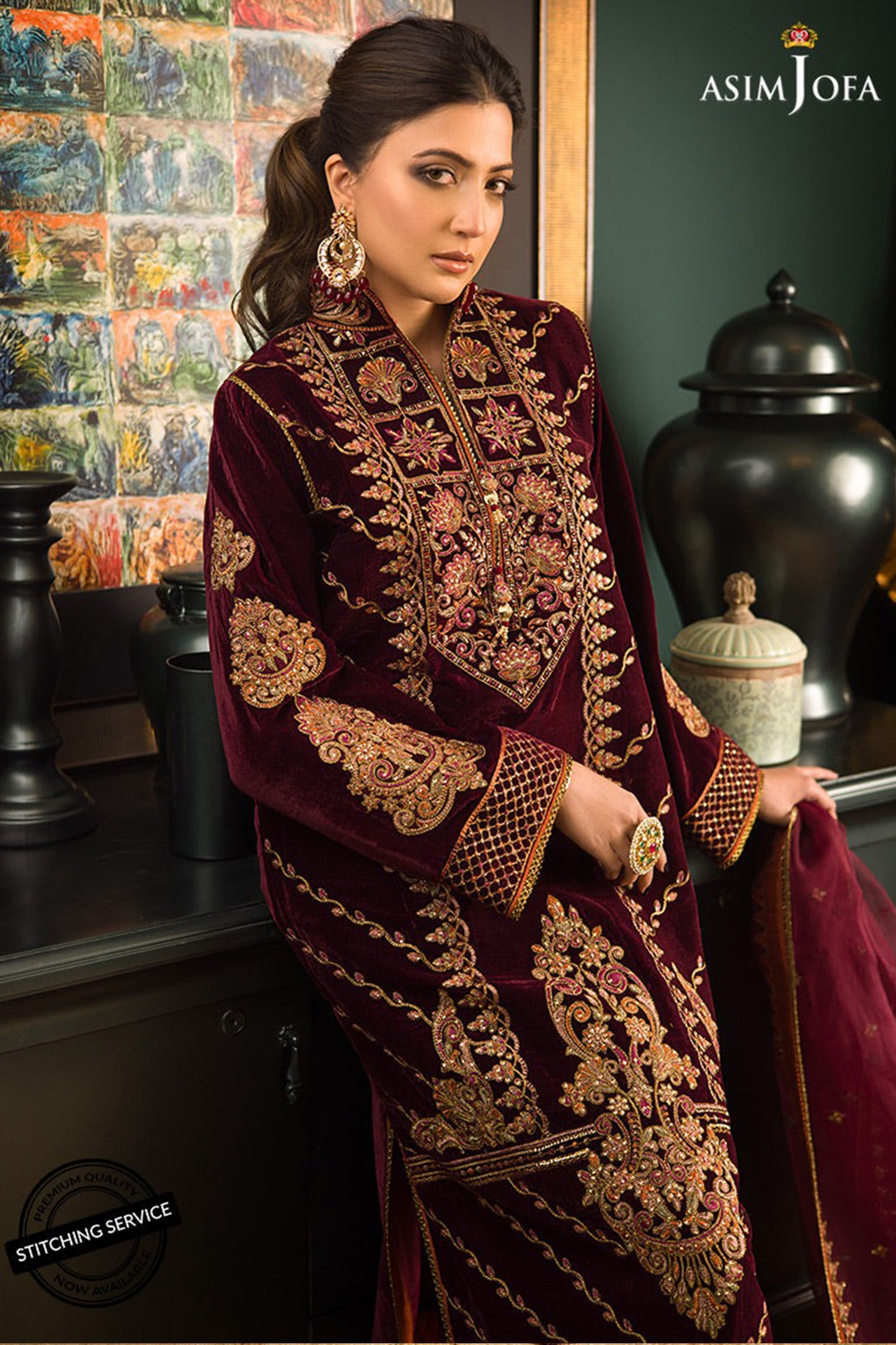 QN1113Winter Embroidered Velvet Dress With Organza embroidered Dopata