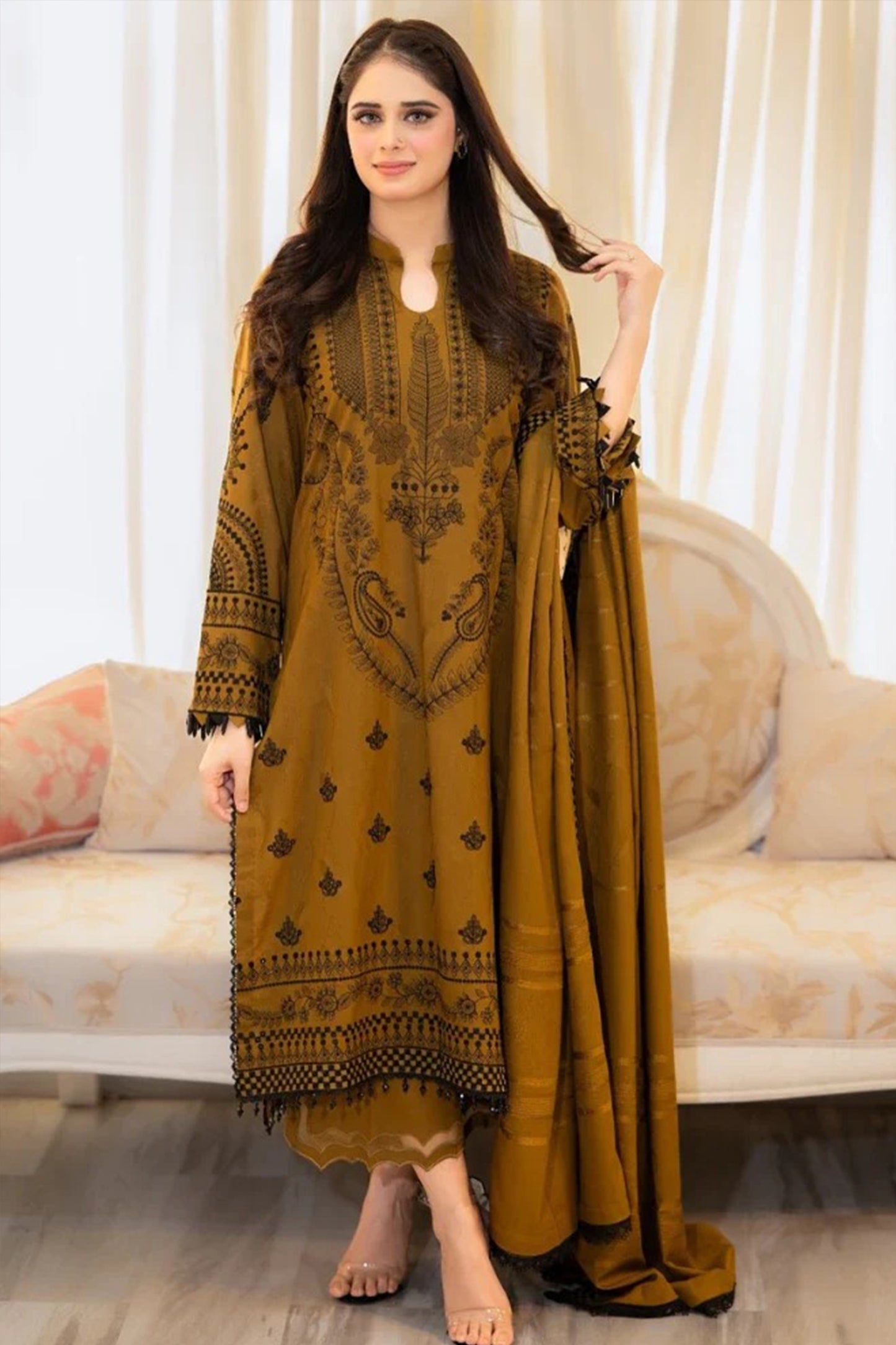 QN1110-WINTER 3-Pc Embroidered Dhanak Suit with Heavy Embroidered Dhanak Shawll