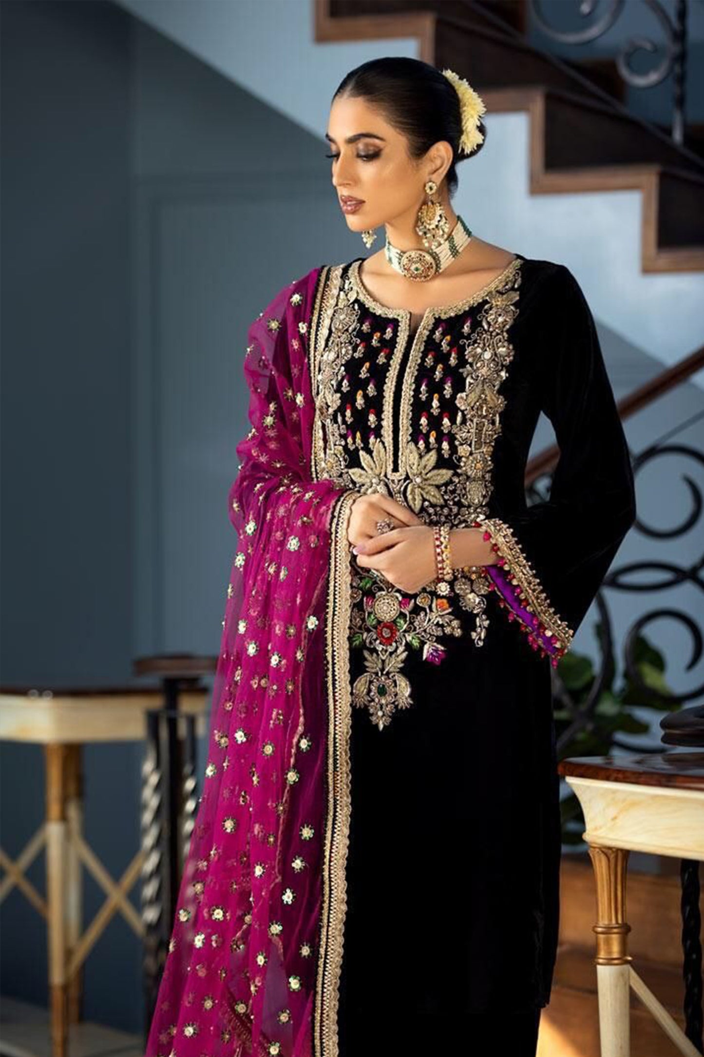QN1115 -WINTER Velvet Embroidered with Embroidered duppatta Winter Collection