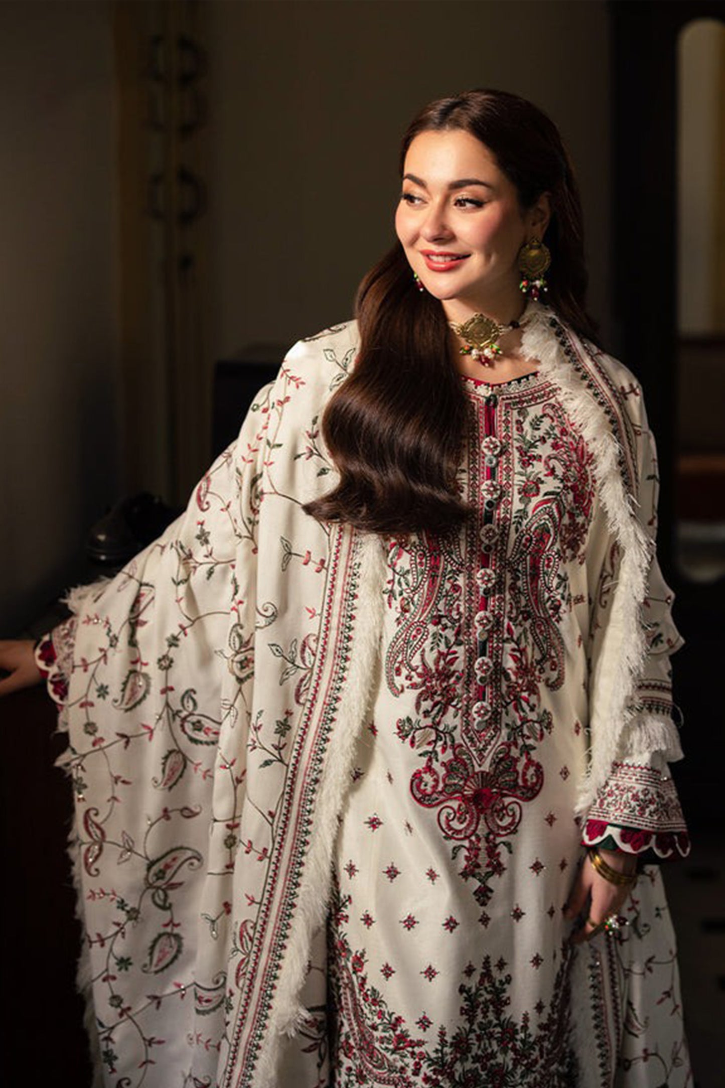 QN1120-Winter ASIM JOFA-3PC DHANAK EMBROIDERED SHIRT WITH DHANAK EMBROIDERED SHAWL