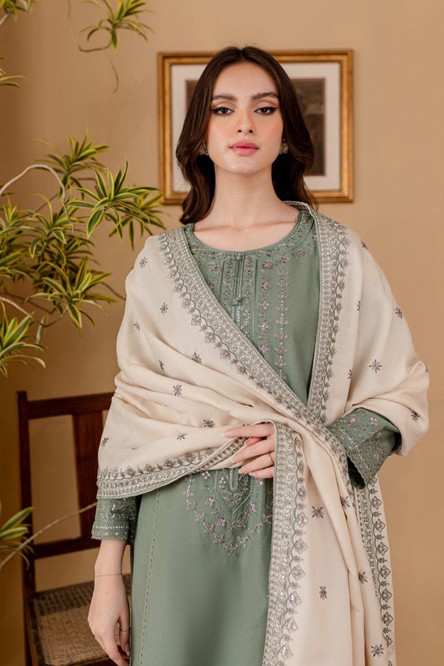 QN1121-winter 3PC DHANAK EMBROIDERED SHIRT WITH DHANAK EMBROIDERED SHAWL