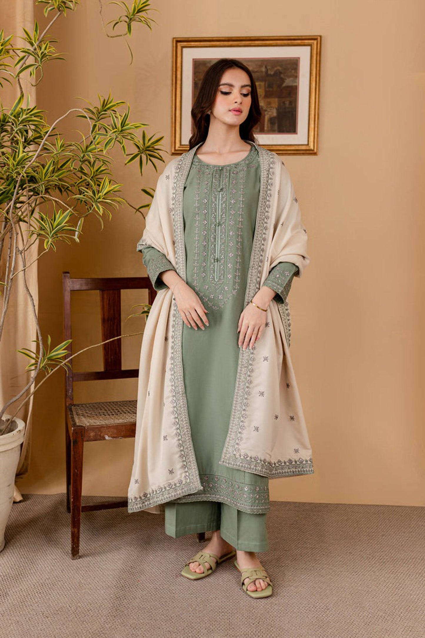 QN1121-winter 3PC DHANAK EMBROIDERED SHIRT WITH DHANAK EMBROIDERED SHAWL