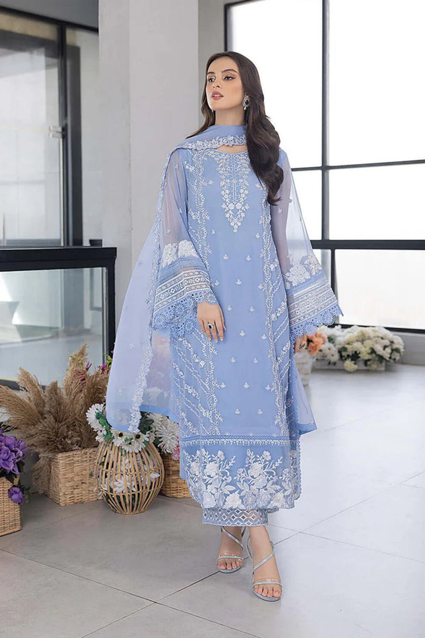 QN1123- WINTER AZURE -Embroidered 3pc organza dress with organza duppata
