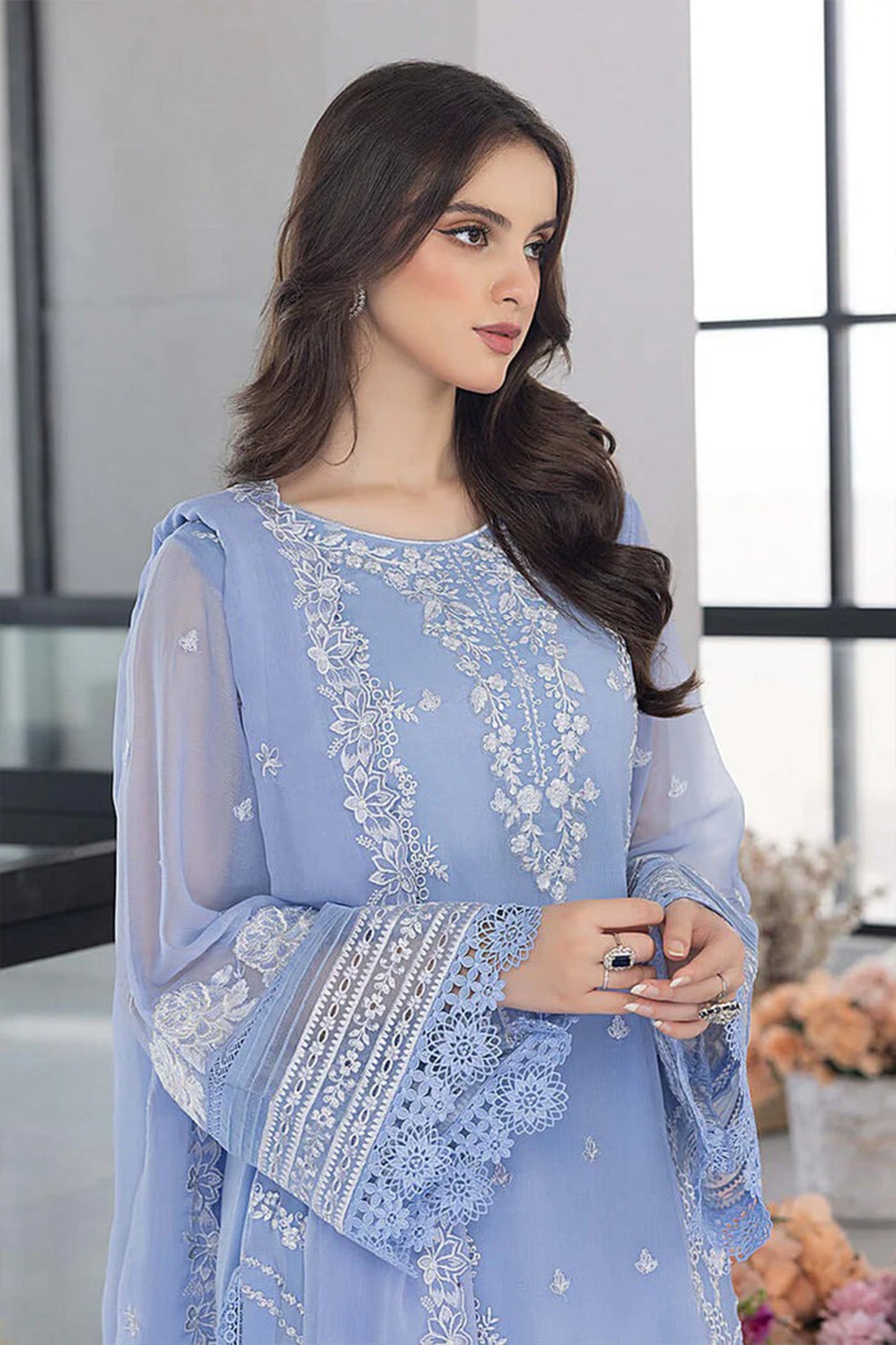 QN1123- WINTER AZURE -Embroidered 3pc organza dress with organza duppata