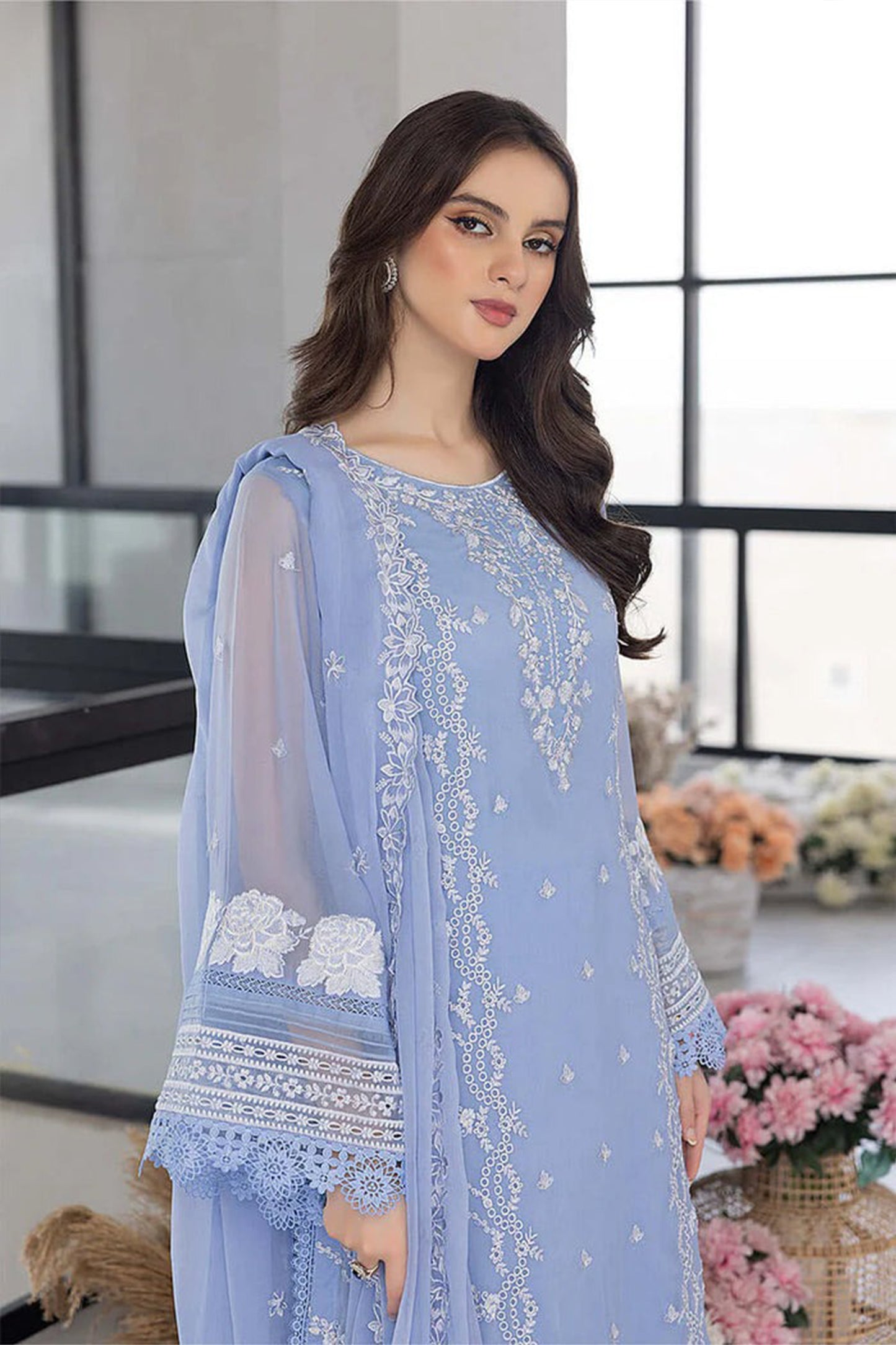 QN1123- WINTER AZURE -Embroidered 3pc organza dress with organza duppata