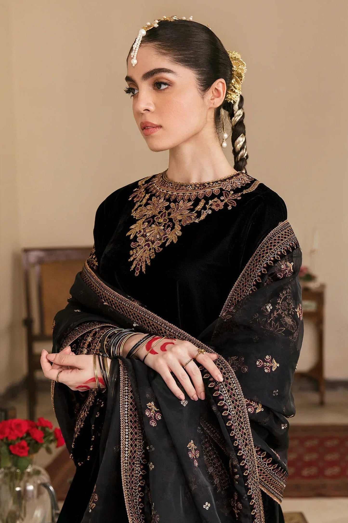 QN563 Winter Embroidered Velvet Dress With Organza embroidered Dupatta