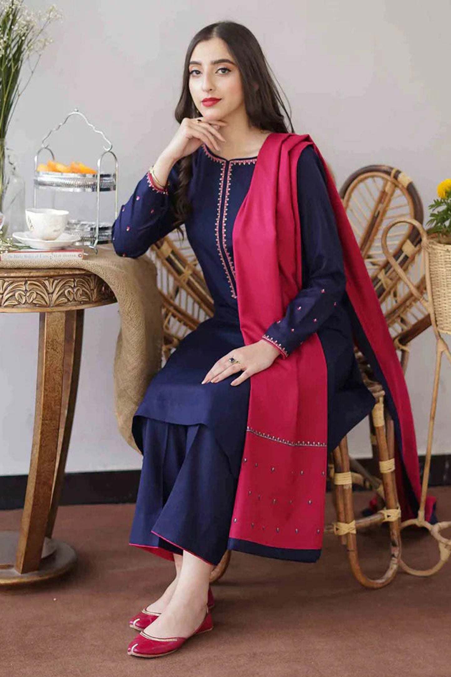 QN404-WINTER 3PC Dhanak suit with Embroidered Shawll