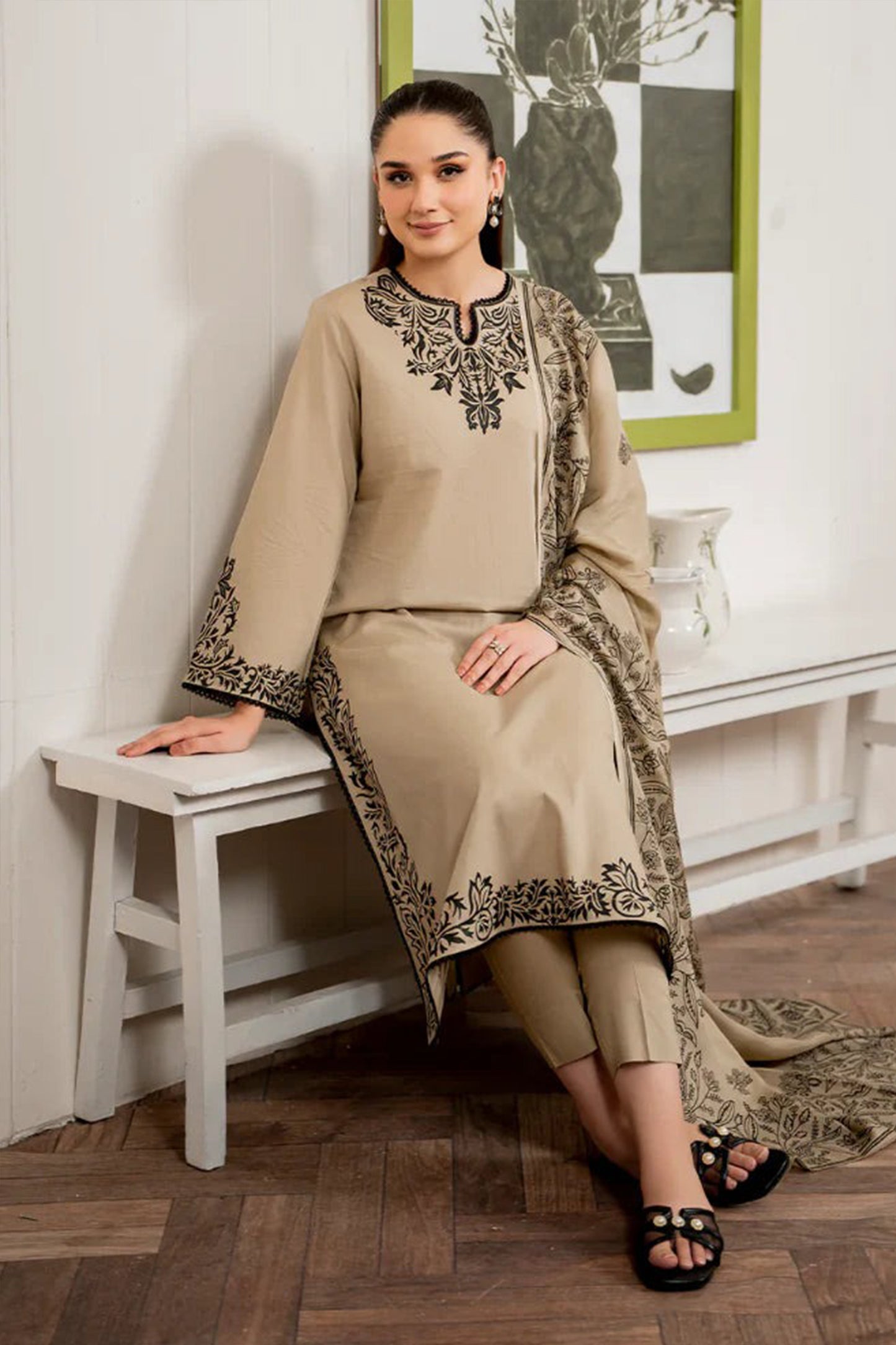 QN913-WINTER 3PC Dhannak Embroidered suit with Printed Shawll