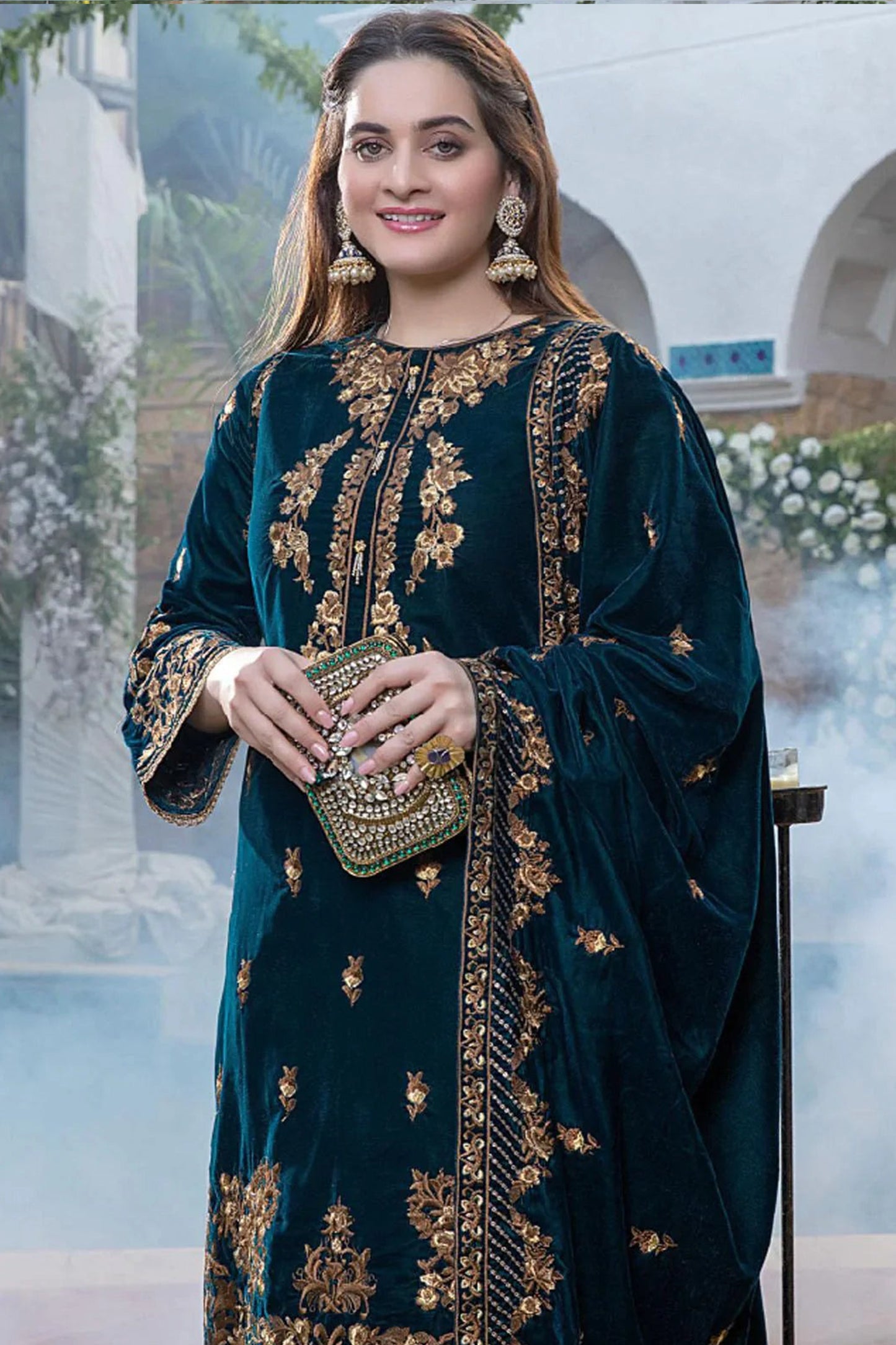 QN402-WINTER Embroidered Velvet Three piece With Velvet Shawl Winter Collection