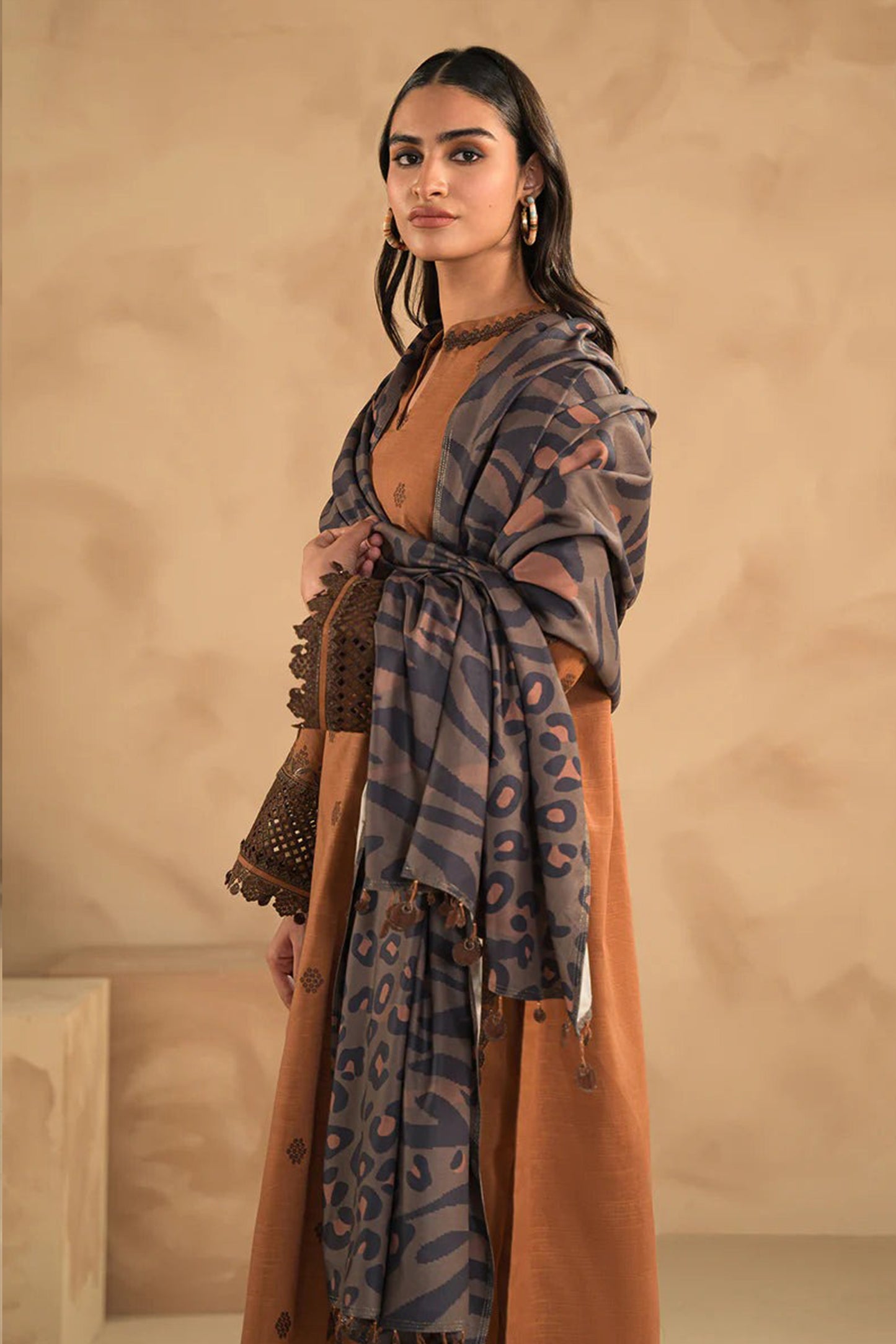 QN631-WINTER 3PC Dhannak Embroidered suit with Printed Shawll