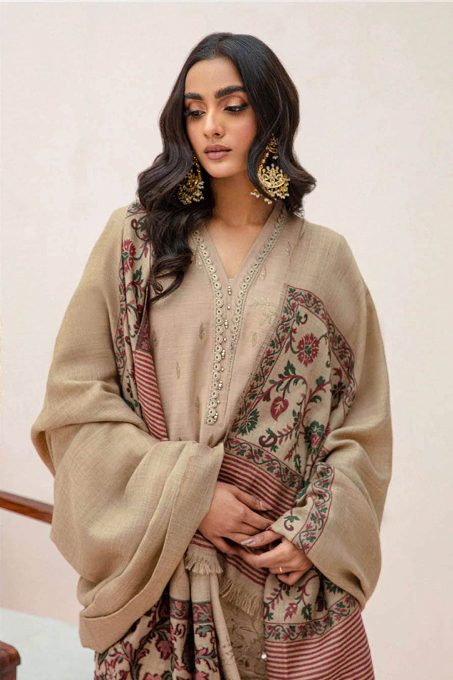 QN574-WINTER 3PC Dhannak Embroidered suit with Printed Shawll