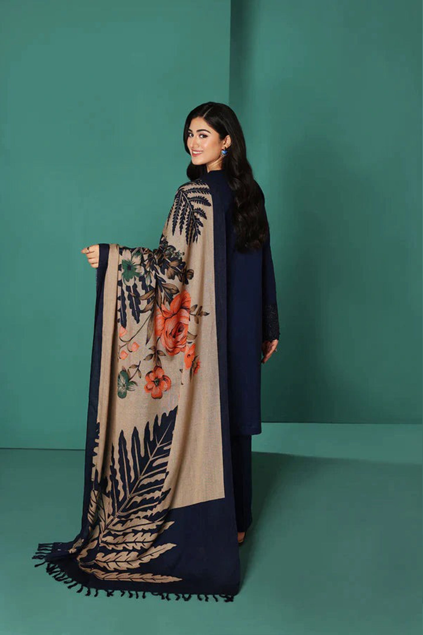 QN585-WINTER Nishat Blue Linen Embroidered three piece With Printed Wool Shawl