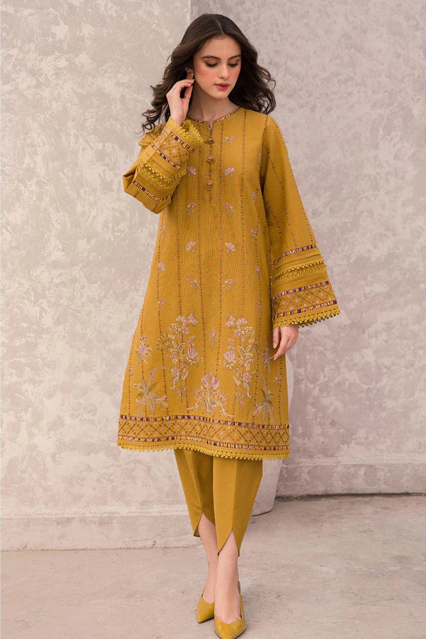 QN618-WINTER 3PC Dhannak Embroidered suit with Printed Shawll