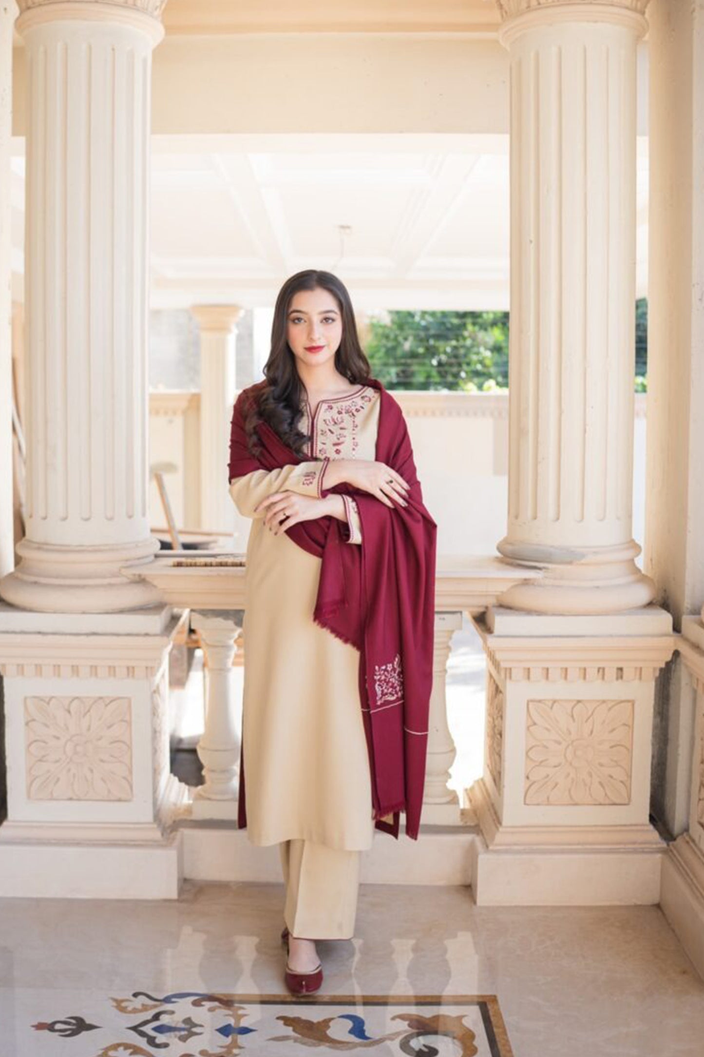 QN614-WINTER 3PC Dhanak suit with Embroidered Shawll