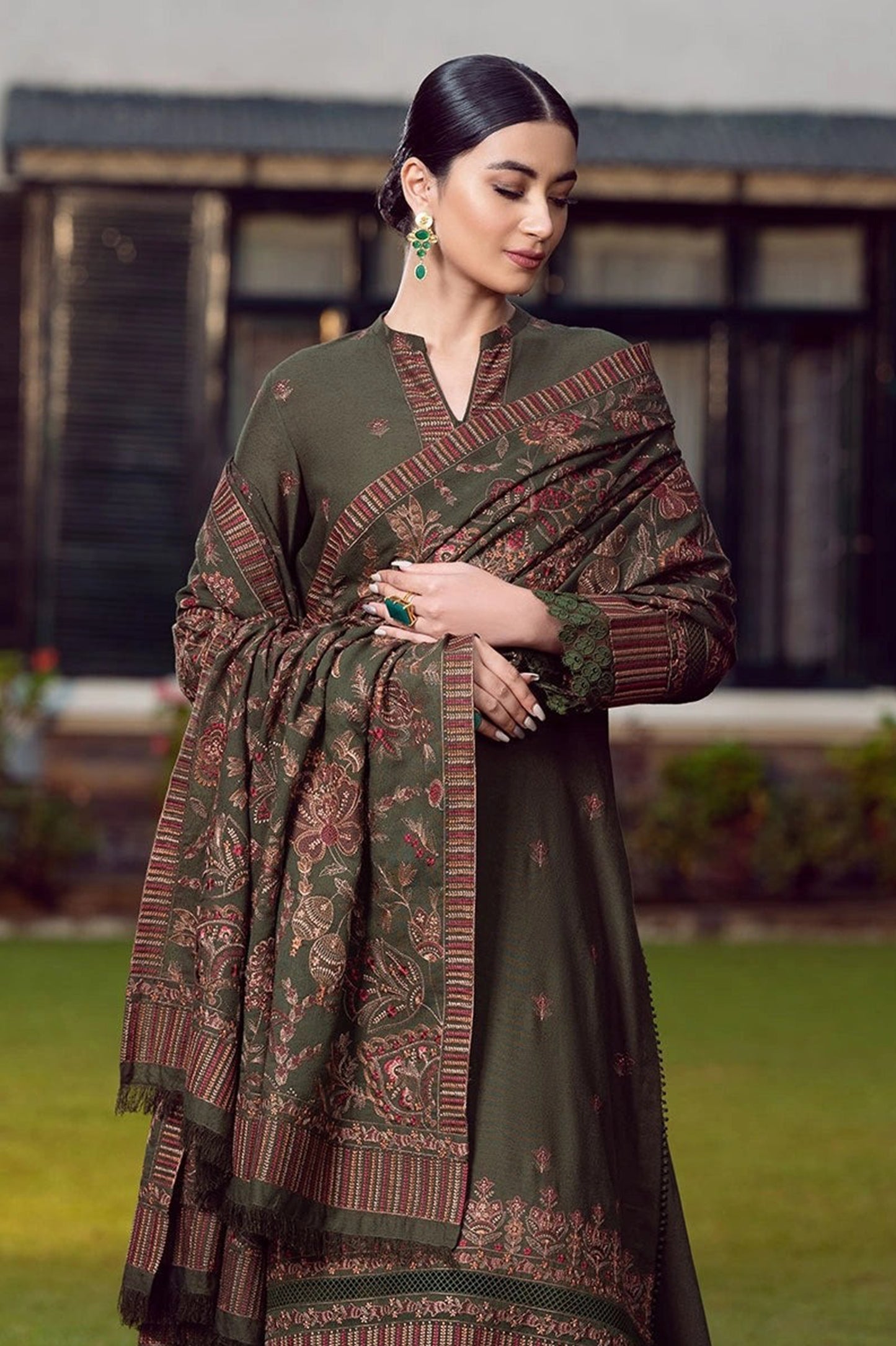 QN415-WINTER Embroidered Dhanak Suit with Heavy Embroidered Dhanak Shawl