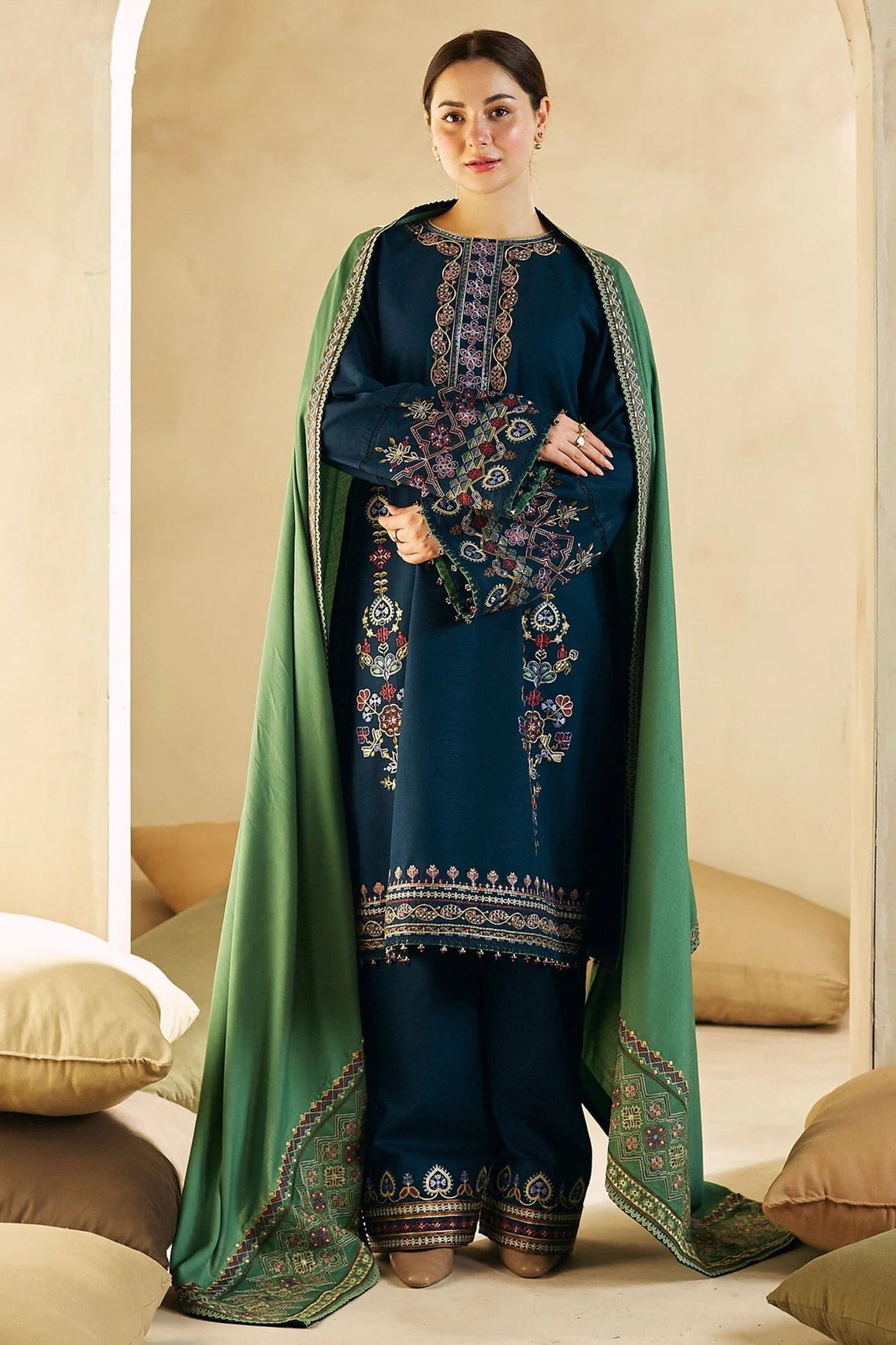 QN590-Winter 3-Pc Embroidered Dhanak Suit with Heavy Embroidered Dhanak Shawll