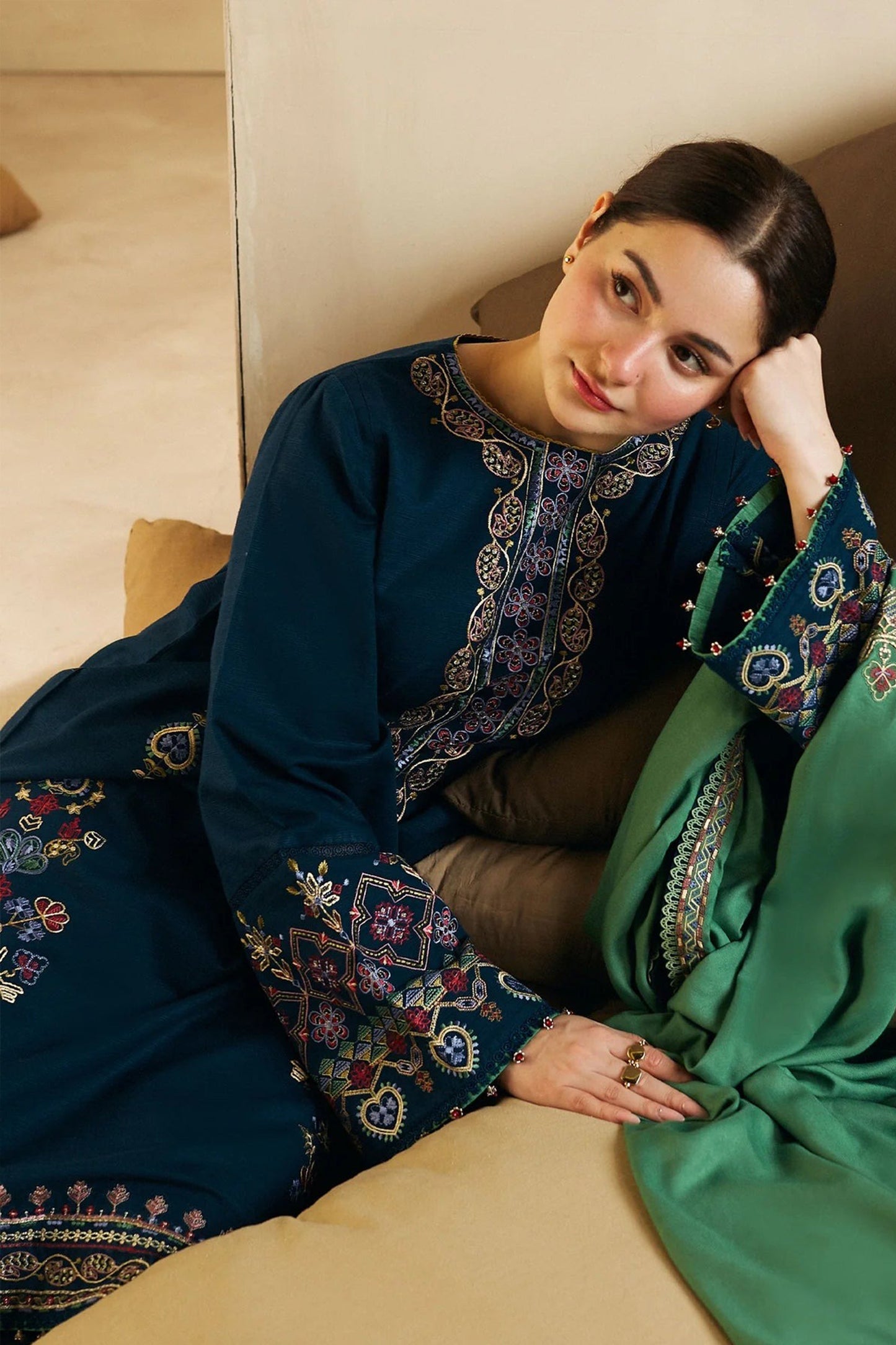 QN590-Winter 3-Pc Embroidered Dhanak Suit with Heavy Embroidered Dhanak Shawll