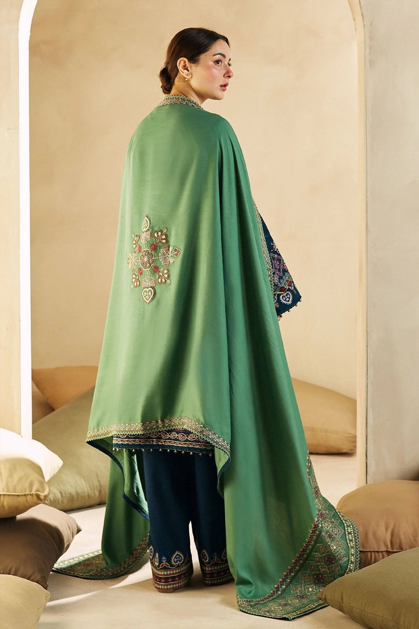 QN590-Winter 3-Pc Embroidered Dhanak Suit with Heavy Embroidered Dhanak Shawll