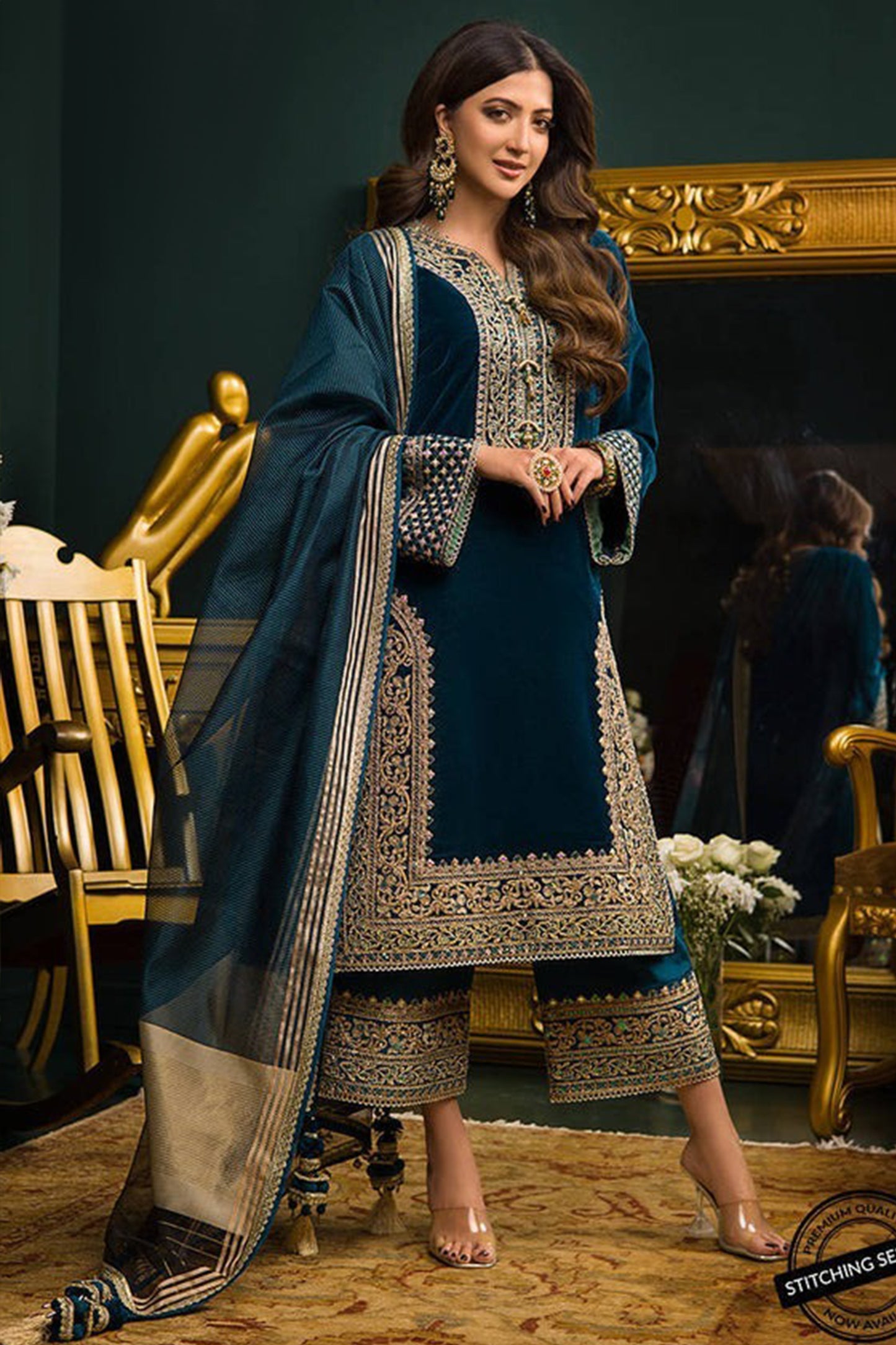QN414 WINTER Heavy Embroidered Velvet Dress with Silk Trouser