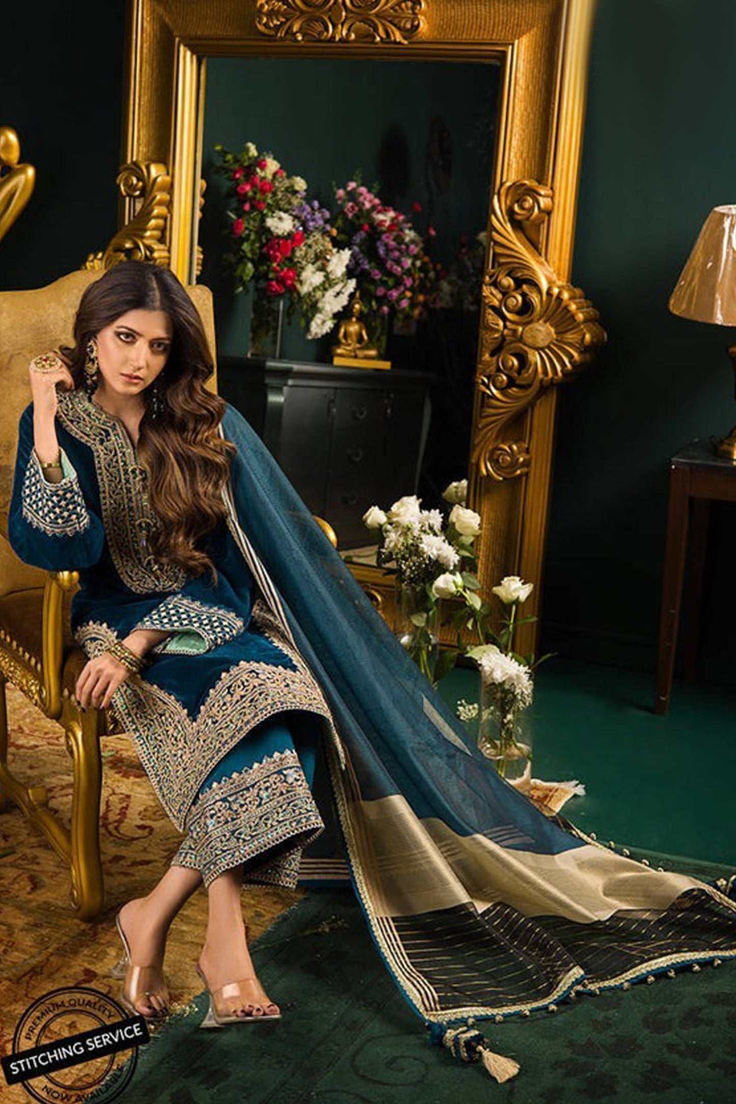 QN414 WINTER Heavy Embroidered Velvet Dress with Silk Trouser