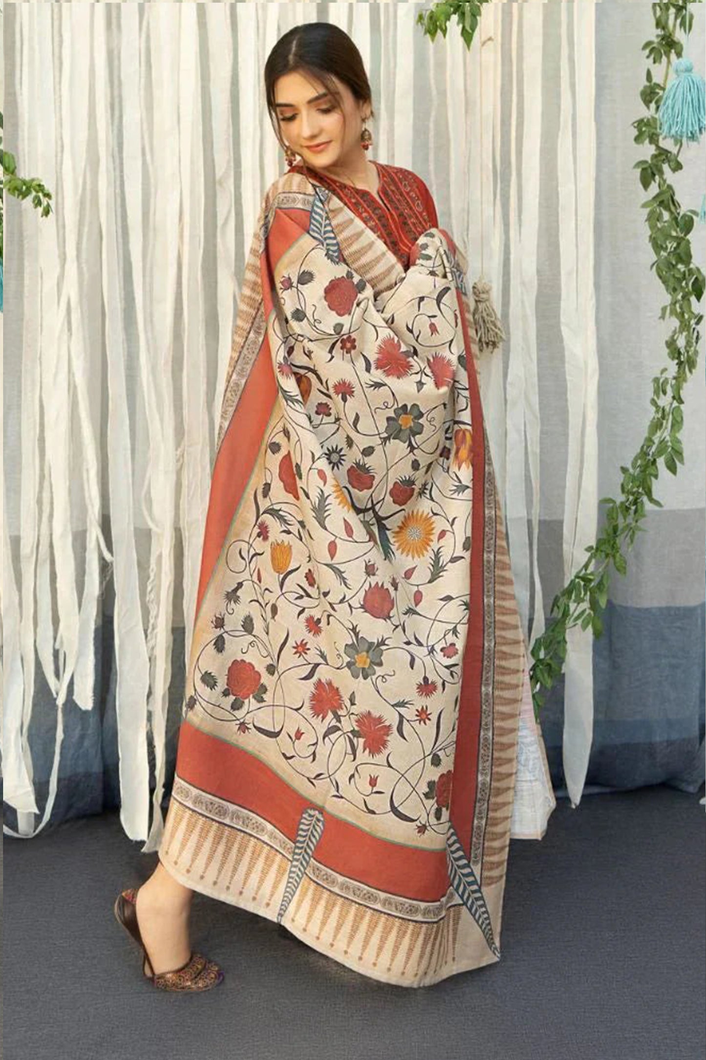 QN914-WINTER 3PC Dhannak Embroidered suit with Printed Shawll