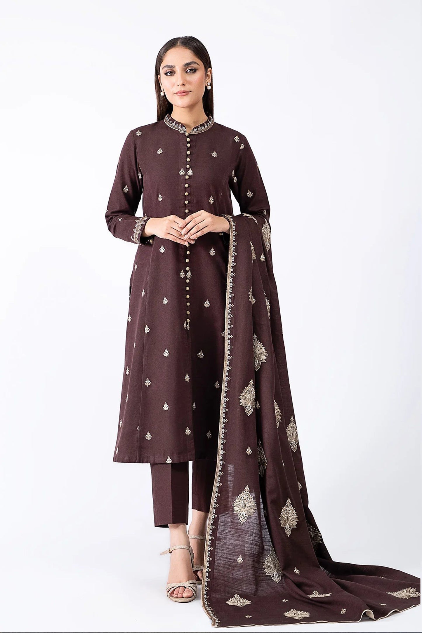 QN604-WINTER 3-Pc Embroidered Dhanak Suit with Heavy Embroidered Dhanak Shawll