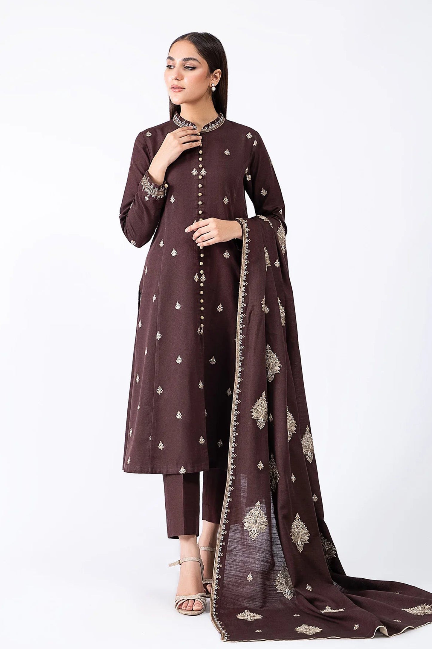 QN604-WINTER 3-Pc Embroidered Dhanak Suit with Heavy Embroidered Dhanak Shawll