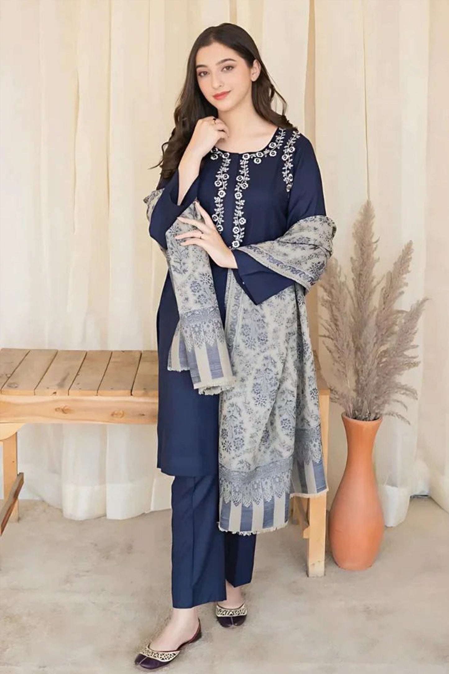 QN627-3PC Dhannak Embroidered suit with Printed Shawll