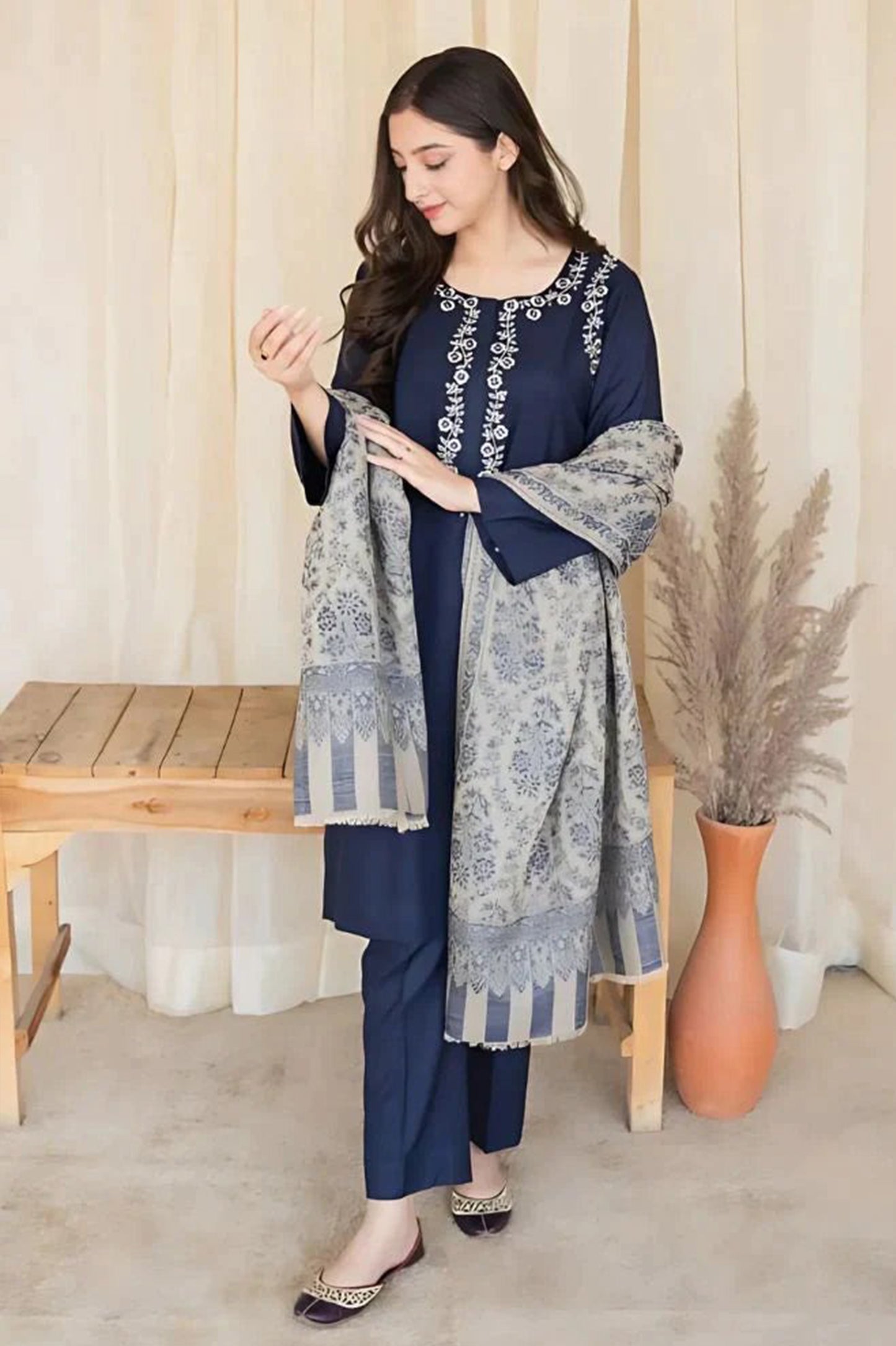 QN627-3PC Dhannak Embroidered suit with Printed Shawll
