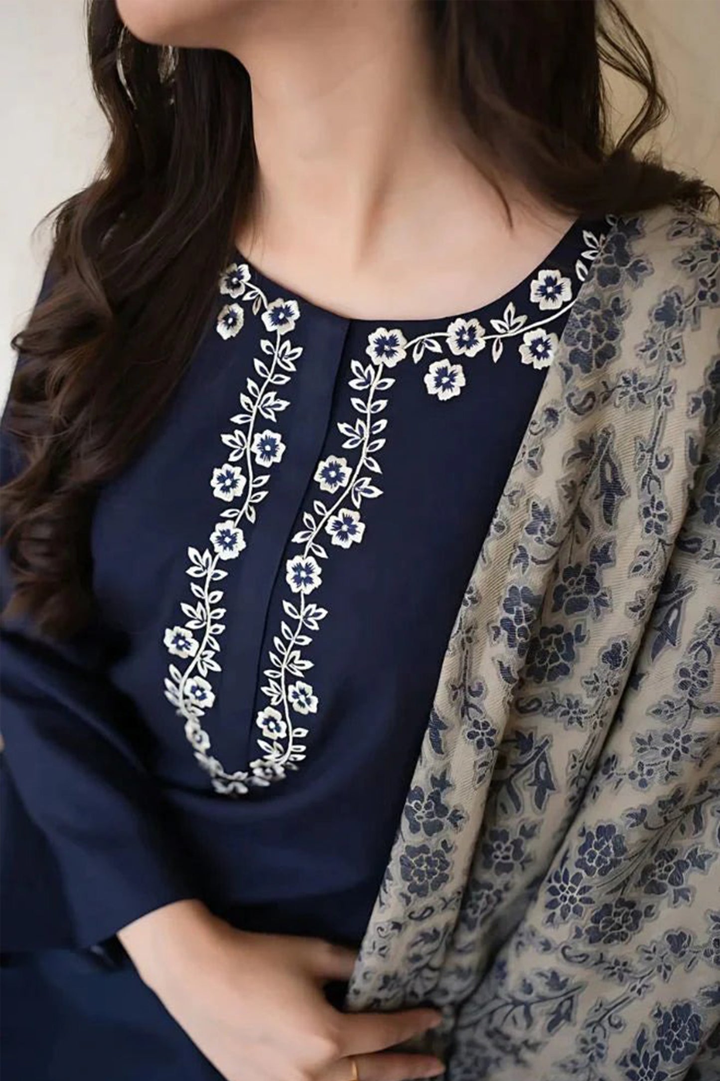 QN627-3PC Dhannak Embroidered suit with Printed Shawll