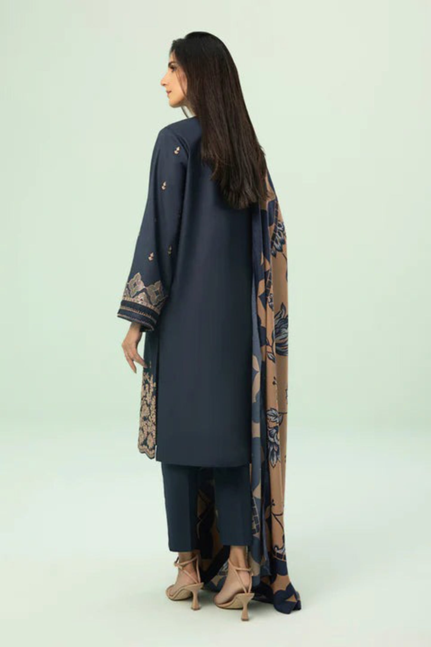 QN588-WINTER 3PC Dhannak Embroidered suit with Printed Shawll