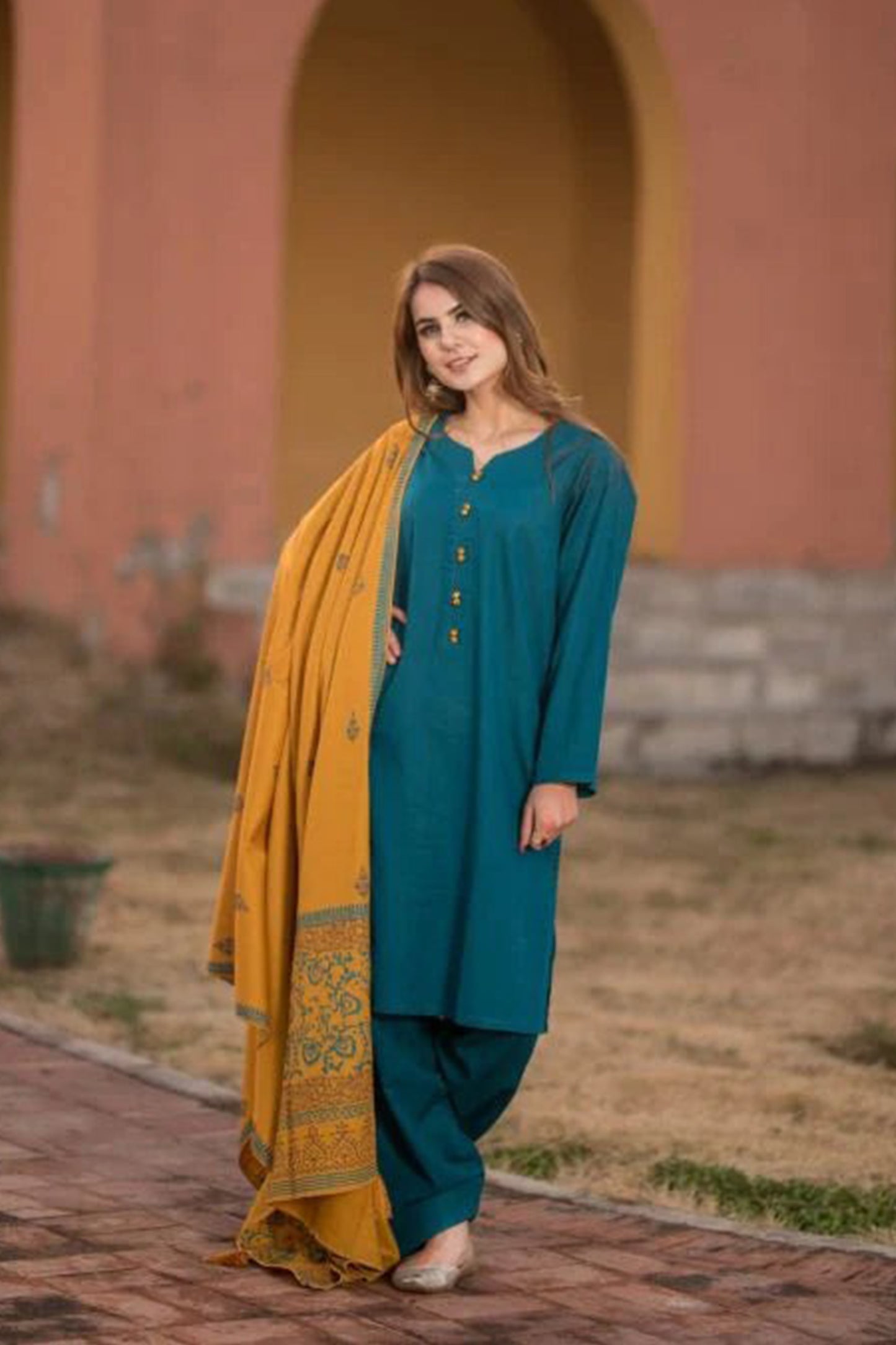 QN554-3 Piece Dhanak Suit with digital printed wool shawll