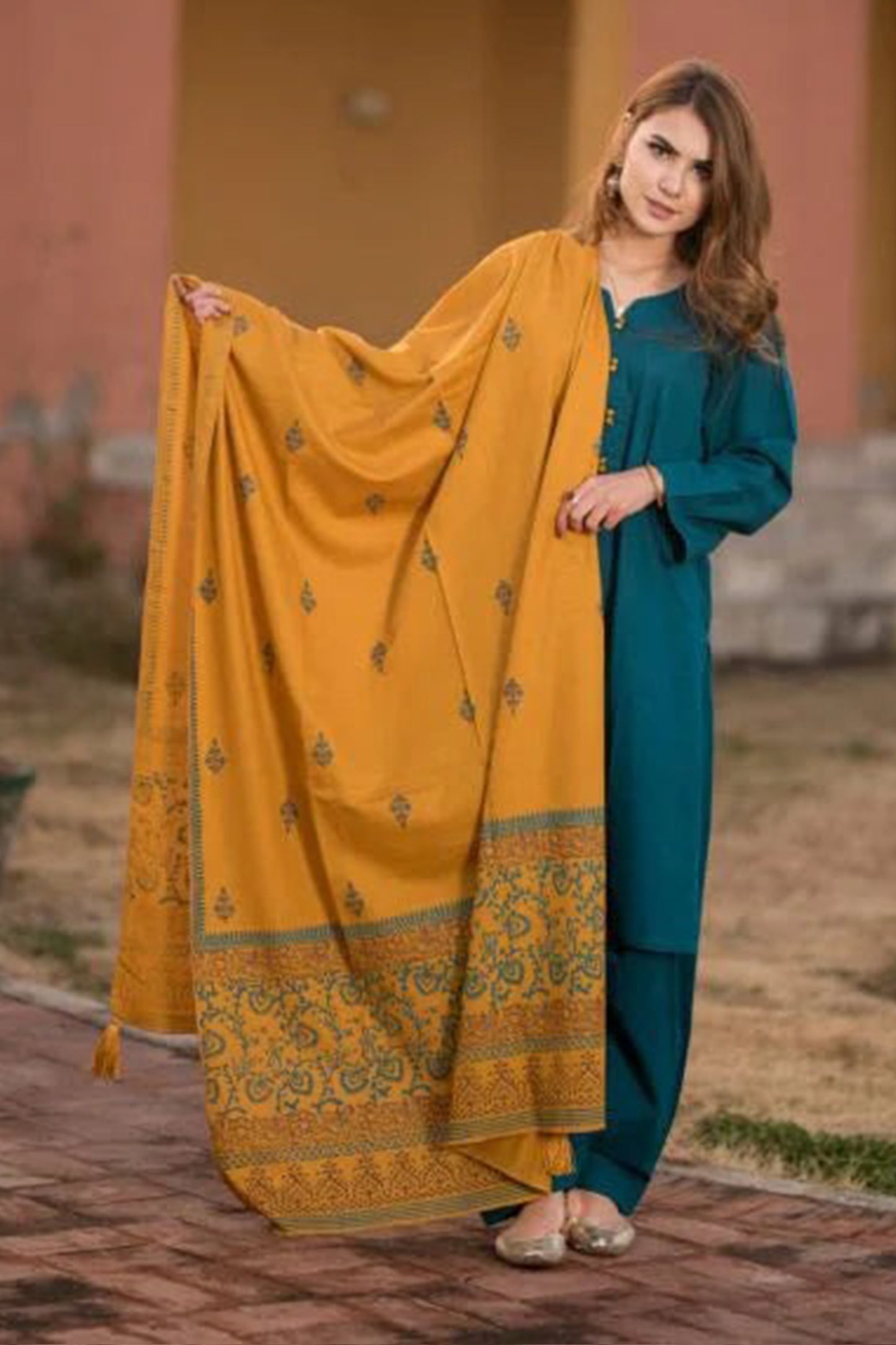 QN554-3 Piece Dhanak Suit with digital printed wool shawll