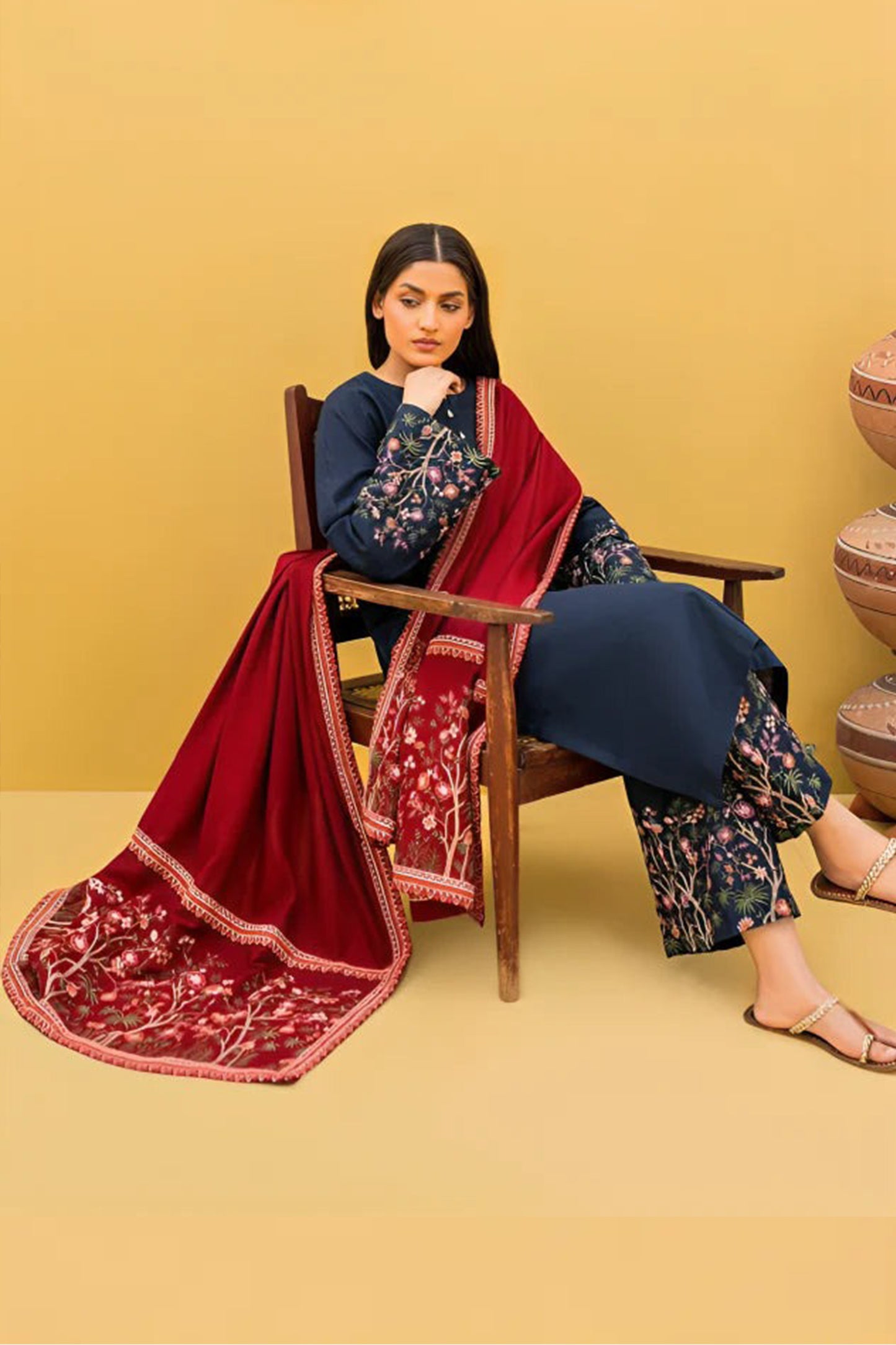 QN918-WINTER 3-Pc Embroidered Dhanak Suit with Heavy Embroidered Dhanak Shawll