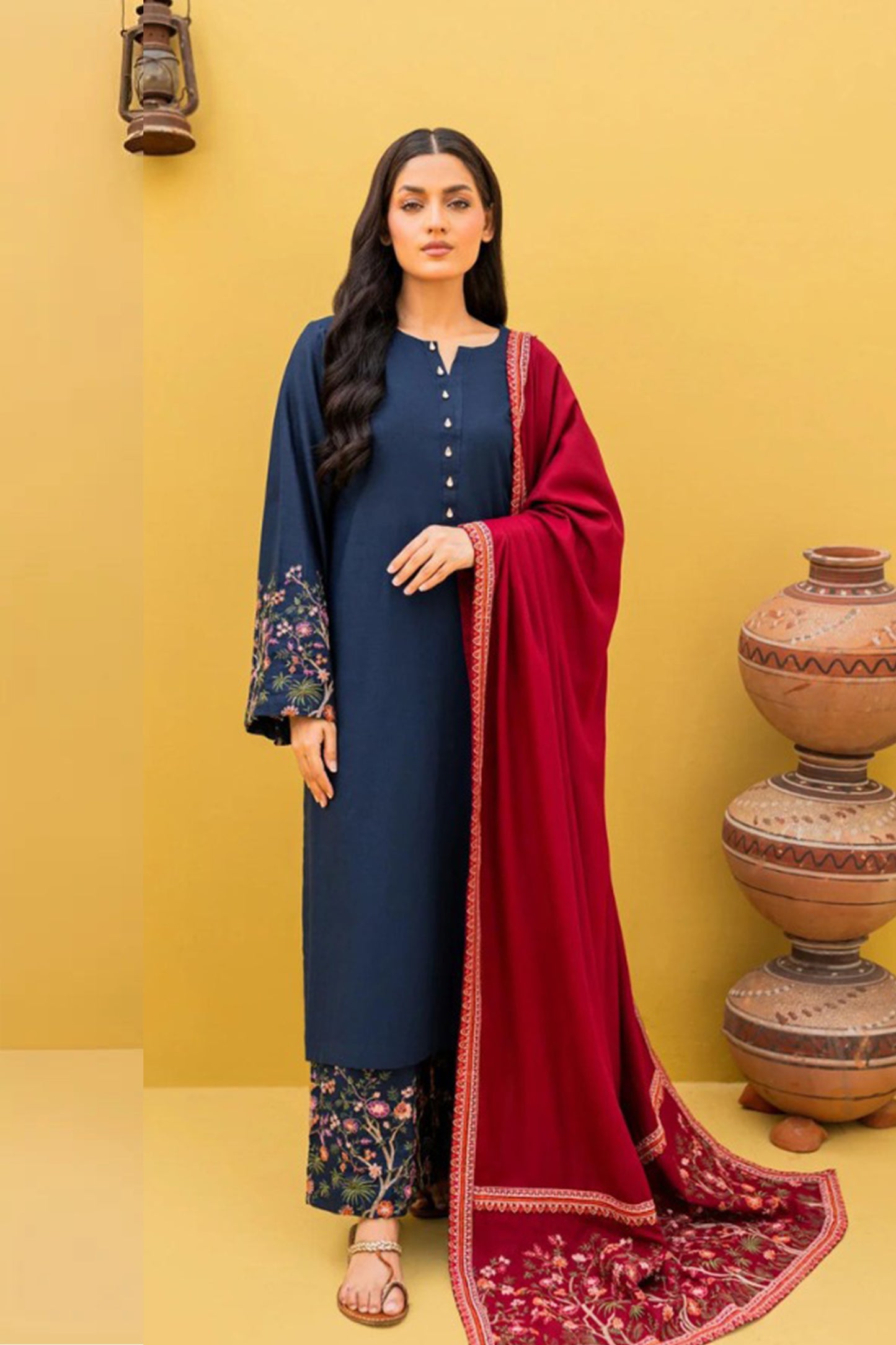 QN918-WINTER 3-Pc Embroidered Dhanak Suit with Heavy Embroidered Dhanak Shawll