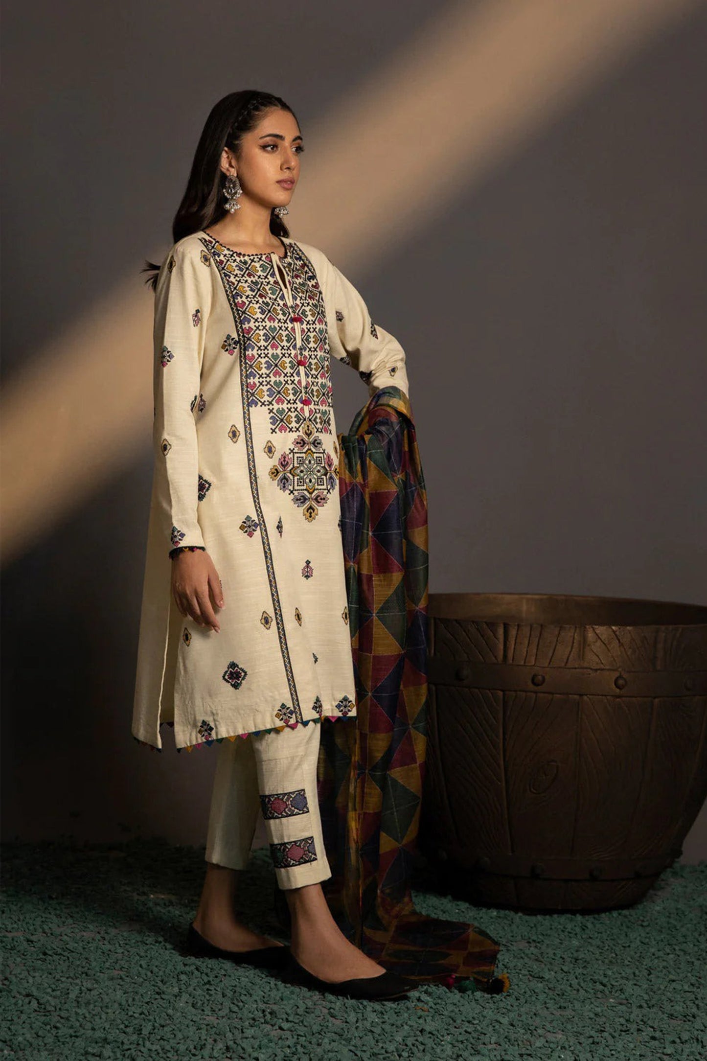 QN584-WINTER 3PC Khaddar Embroidered Suit with Printed Wool Shawll