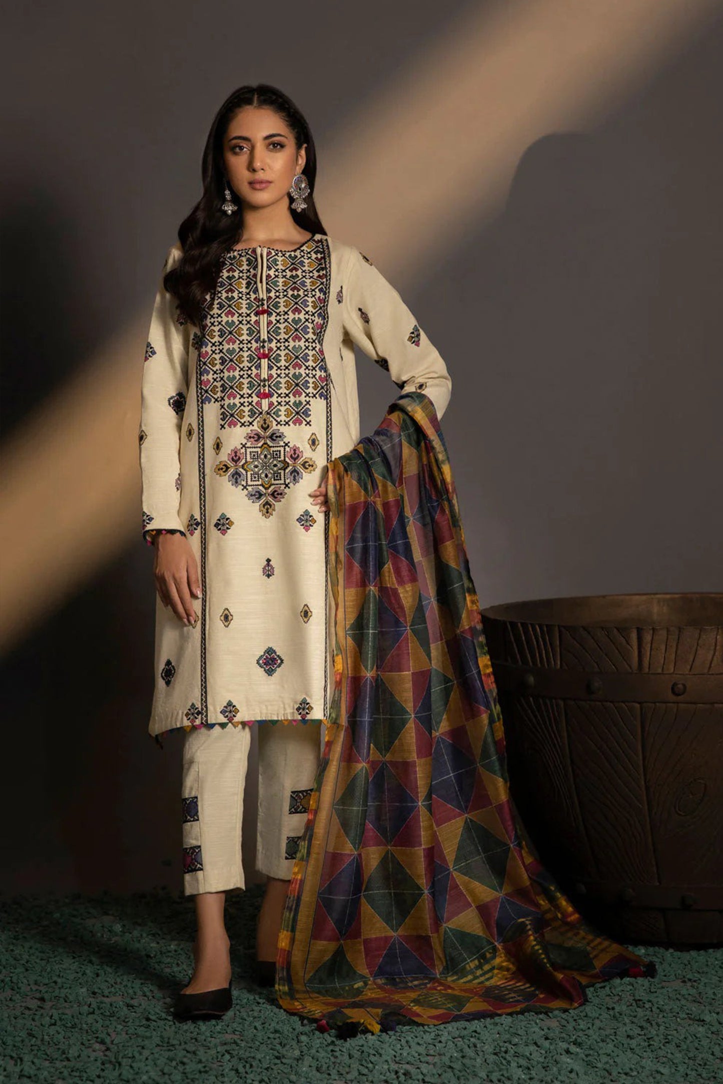 QN584-WINTER 3PC Khaddar Embroidered Suit with Printed Wool Shawll