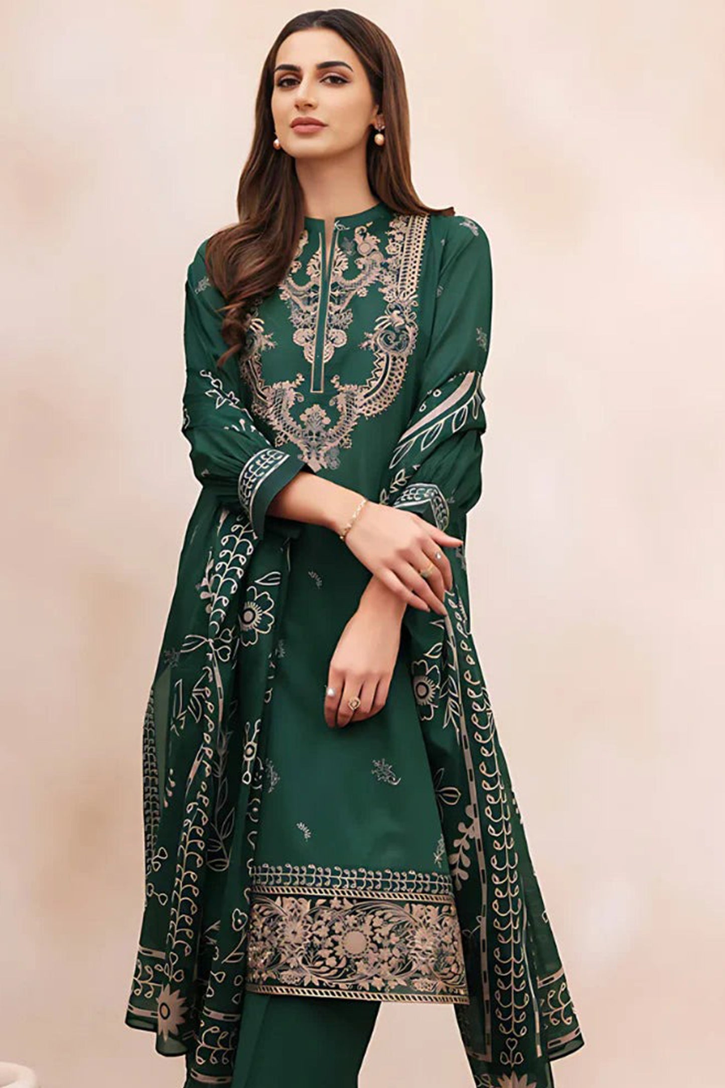 QN938-WINTER 3PC Dhannak Embroidered suit with Printed Shawll