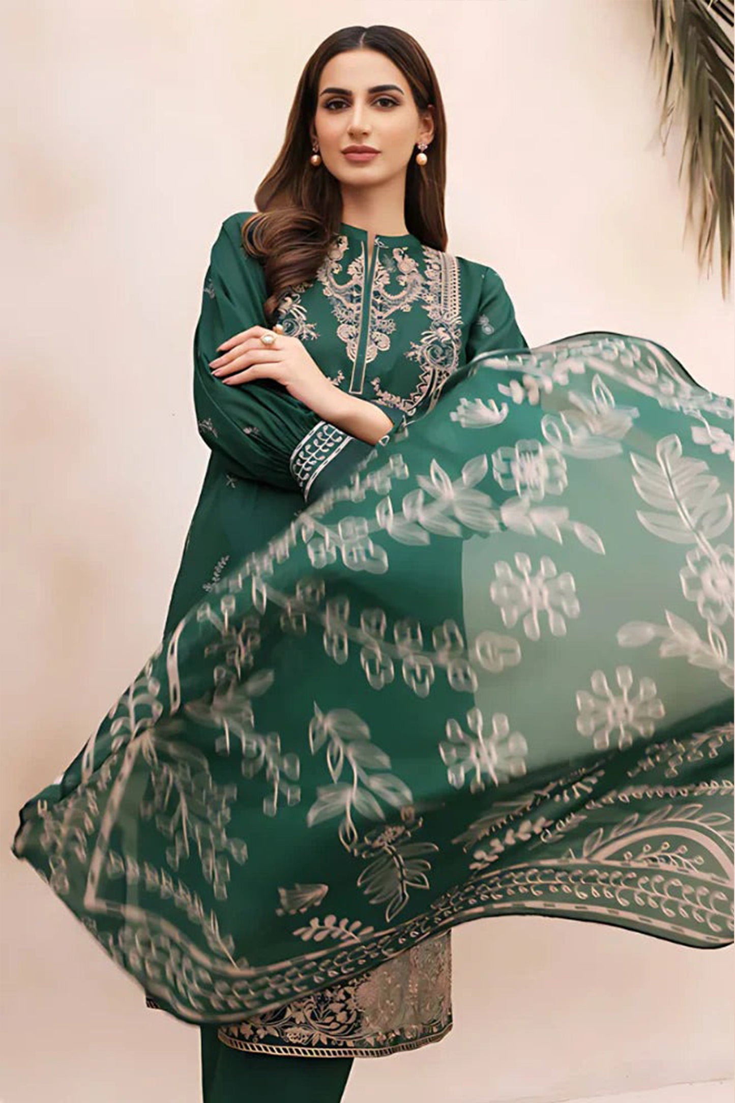 QN938-WINTER 3PC Dhannak Embroidered suit with Printed Shawll