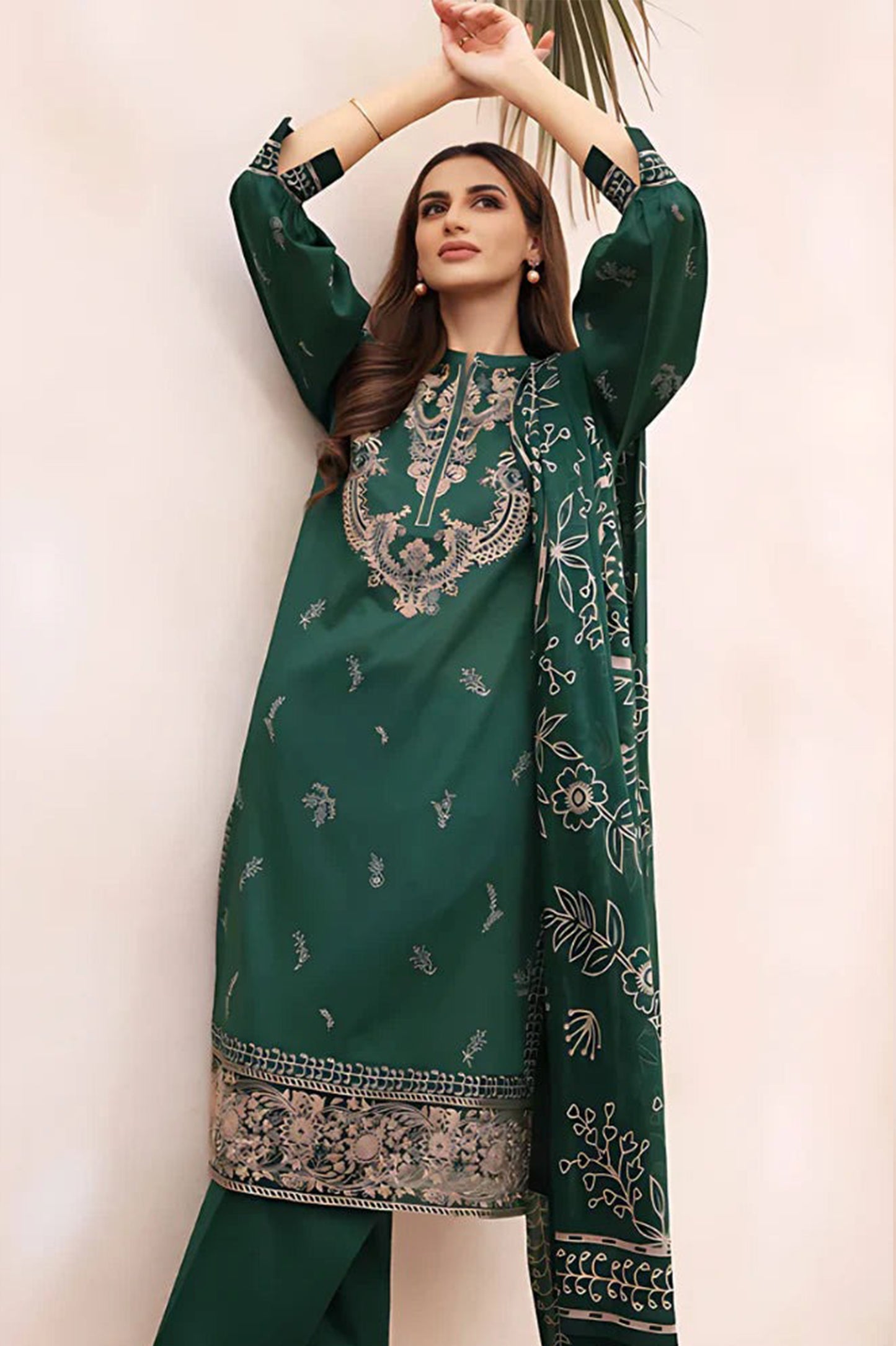 QN938-WINTER 3PC Dhannak Embroidered suit with Printed Shawll