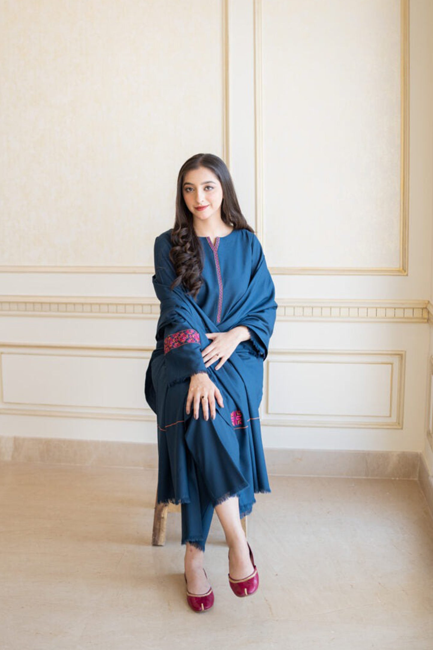 QN615-WINTER 3PC Dhanak suit with Embroidered Shawll