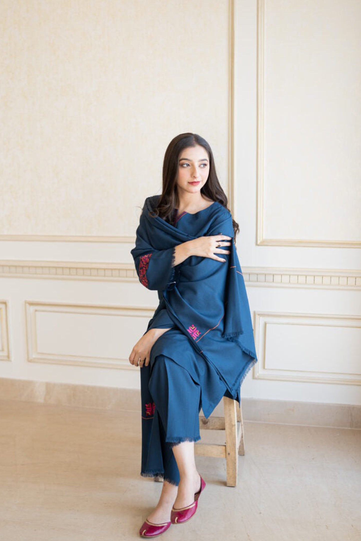 QN615-WINTER 3PC Dhanak suit with Embroidered Shawll
