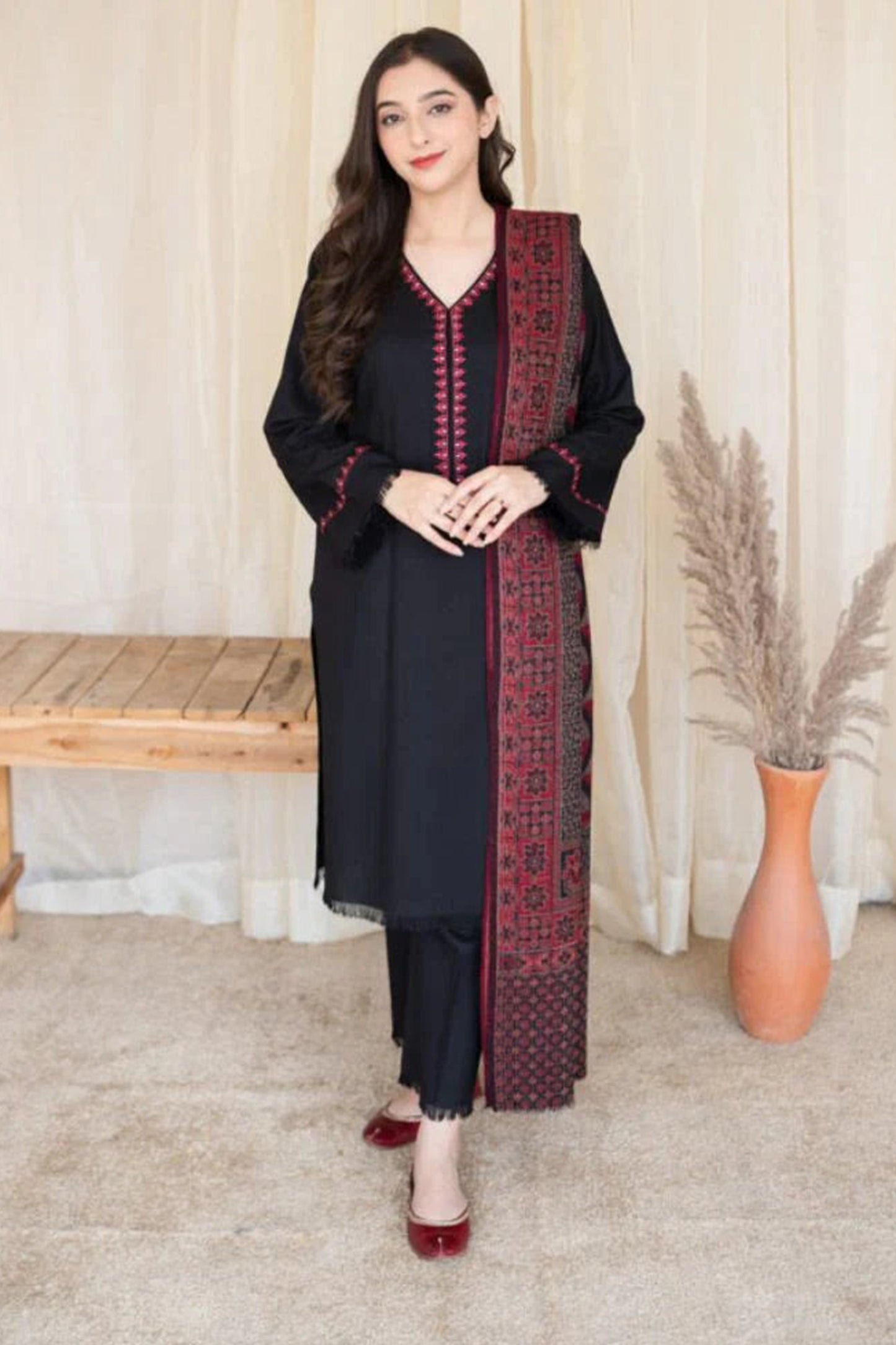 QN628-3PC Dhannak Embroidered suit with Printed Shawll