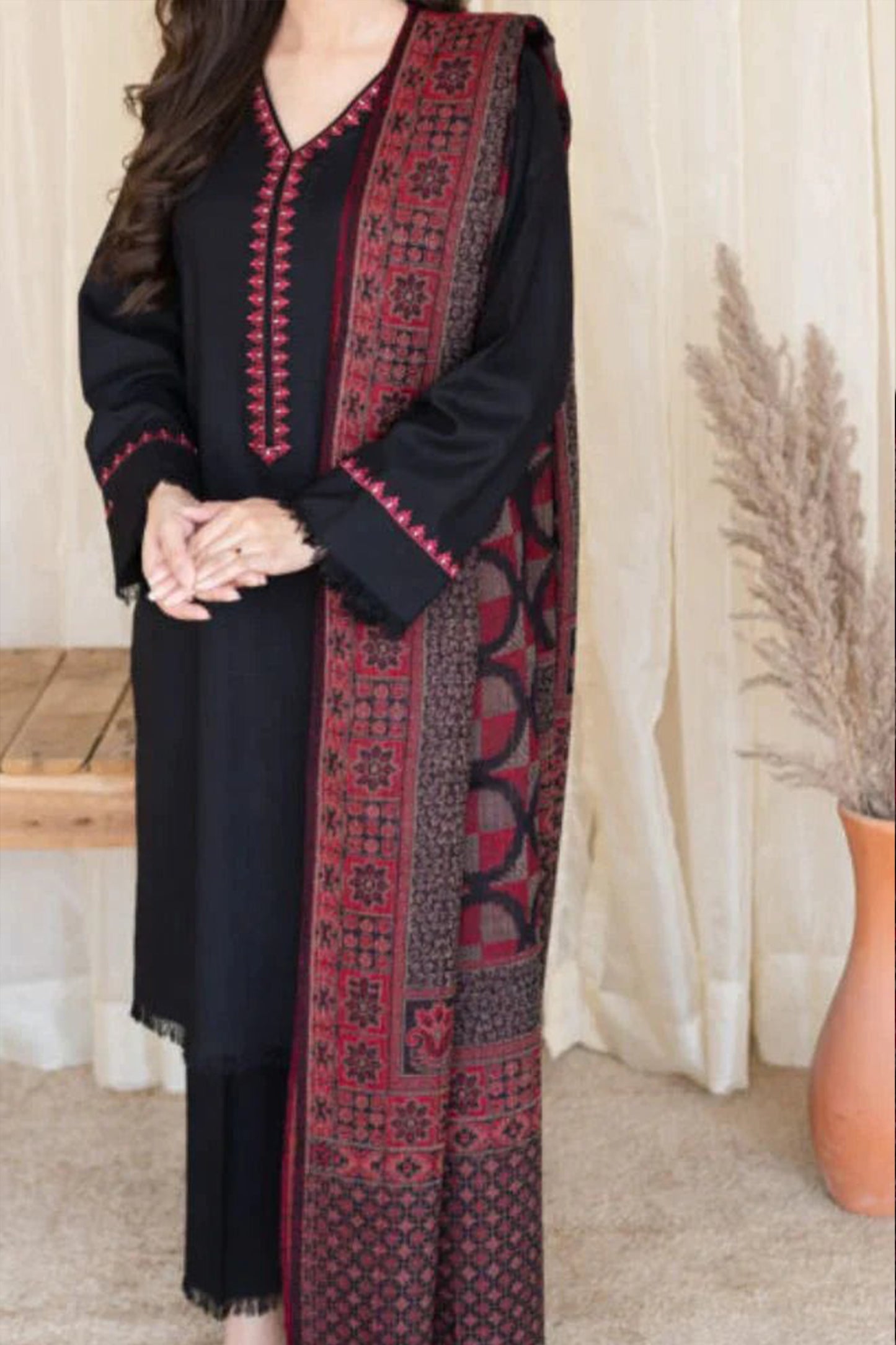 QN628-3PC Dhannak Embroidered suit with Printed Shawll
